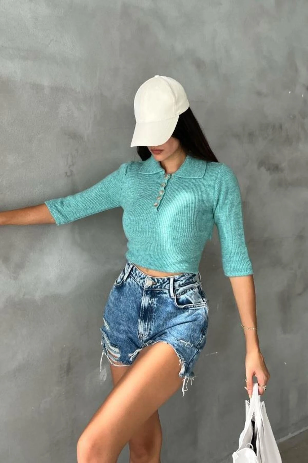 Kadın Mint Triko Pamuk Elastan Crop Kazak