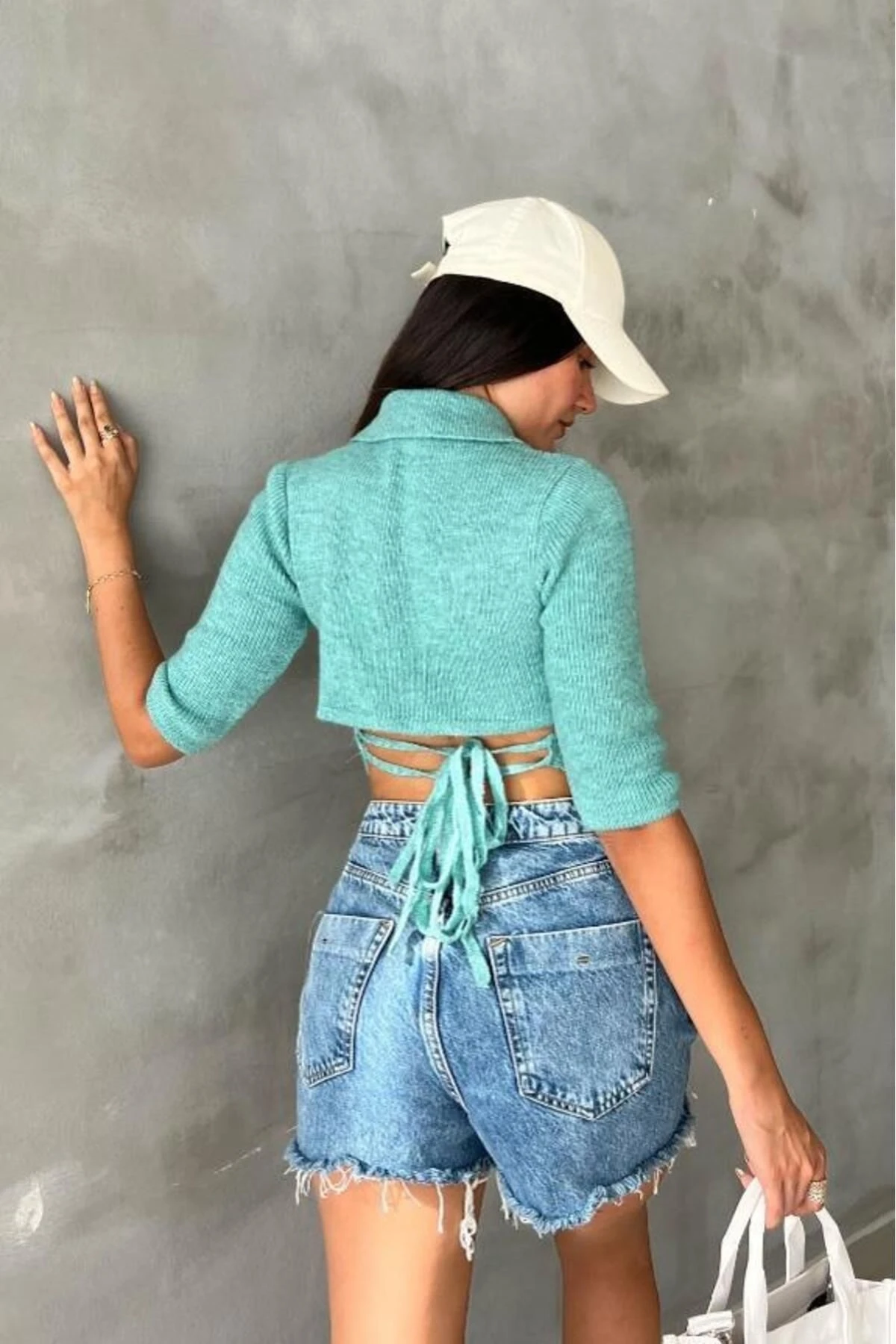 Kadın Mint Triko Pamuk Elastan Crop Kazak