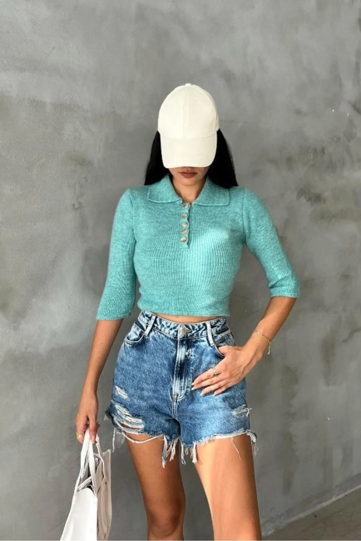 Kadın Mint Triko Pamuk Elastan Crop Kazak