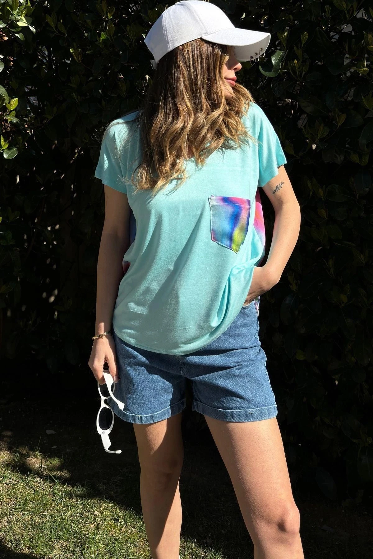 Kadın Mint V Yaka, Cep Detaylı, Salaş Kesim, Kısa Kol, Basic Bluz