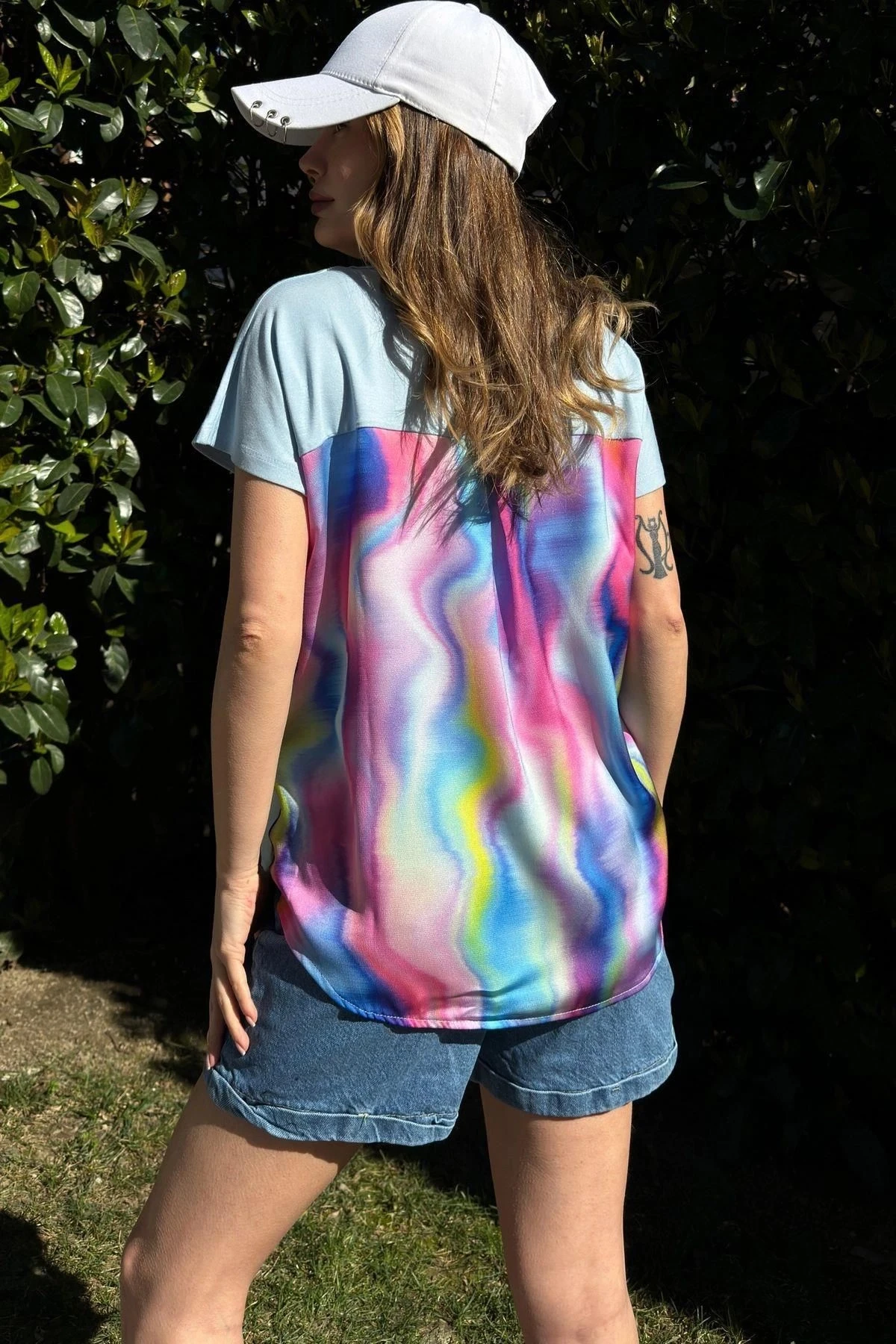 Kadın Mint V Yaka, Cep Detaylı, Salaş Kesim, Kısa Kol, Basic Bluz