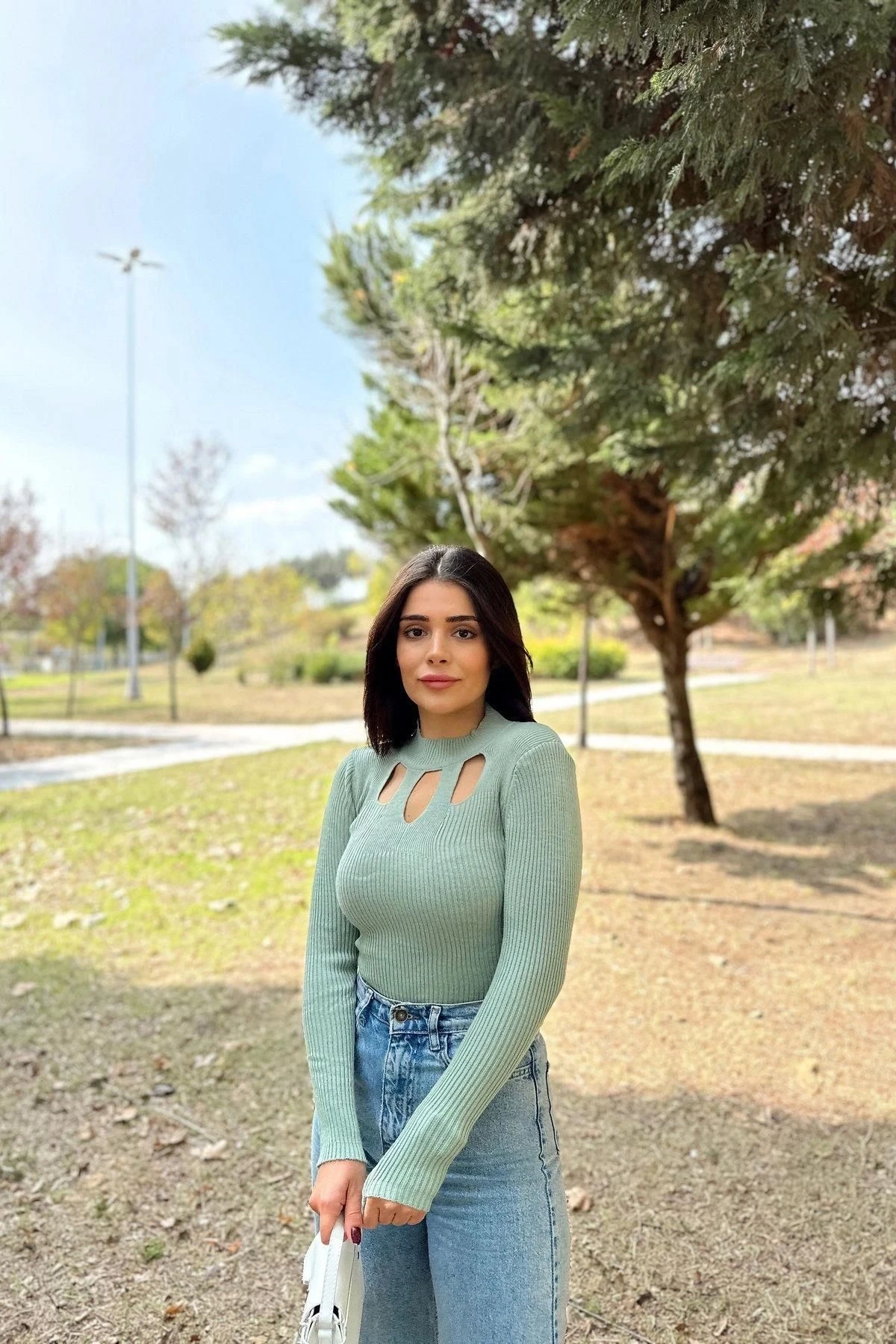 Kadın Mint Yüksek Yaka, Uzun Kol,Vucüda Oturan Kalıp, Esnek Kumaş, Dekolte Detay, Triko Bluz