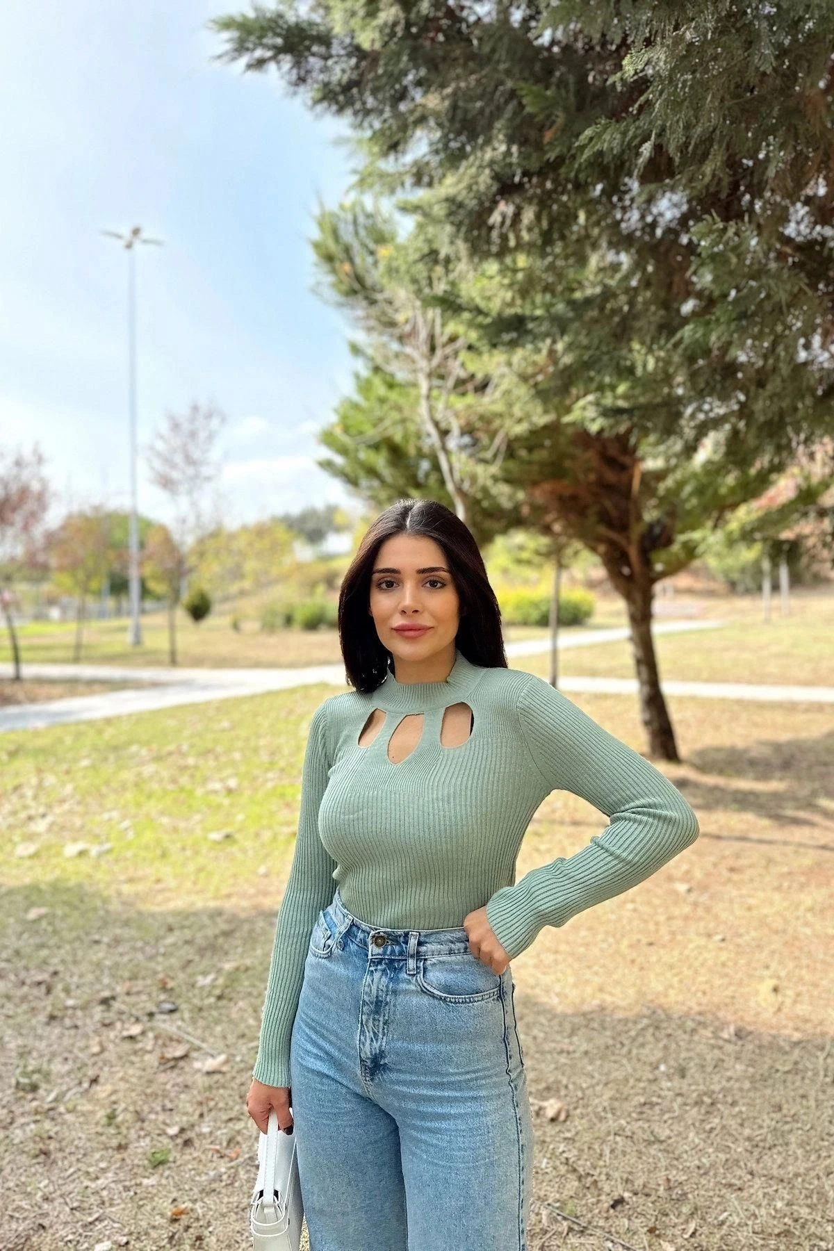 Kadın Mint Yüksek Yaka, Uzun Kol,Vucüda Oturan Kalıp, Esnek Kumaş, Dekolte Detay, Triko Bluz