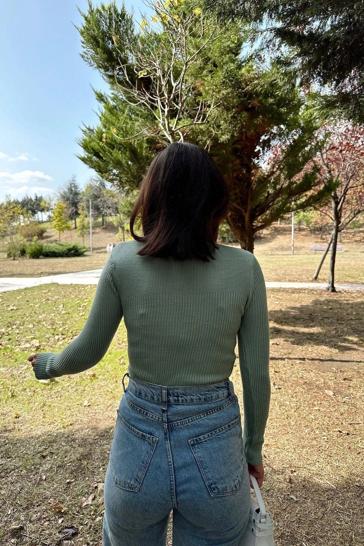 Kadın Mint Yüksek Yaka, Uzun Kol,Vucüda Oturan Kalıp, Esnek Kumaş, Dekolte Detay, Triko Bluz