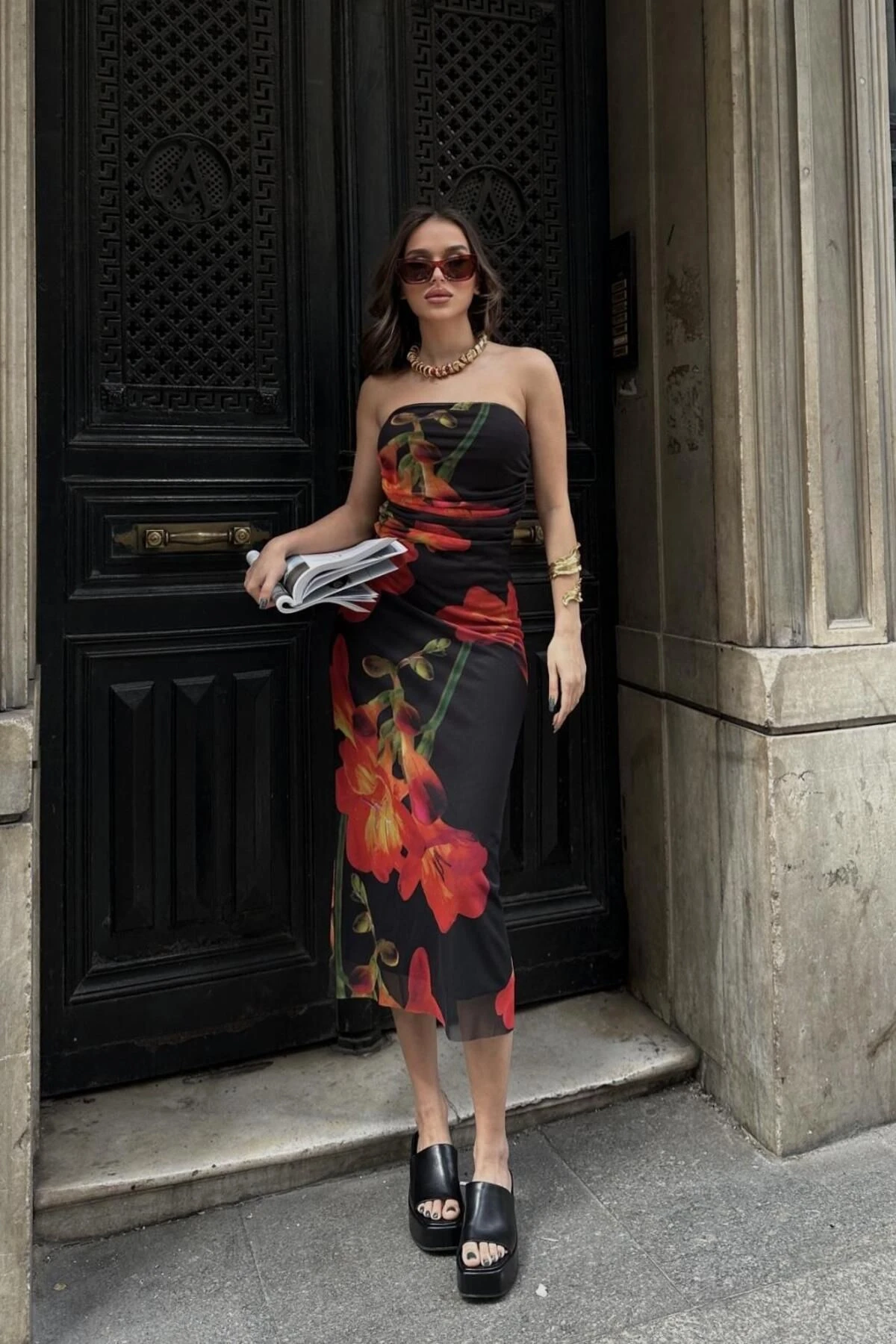 Kadın Multi Desenli Dokuma Midi Straplez Elbise