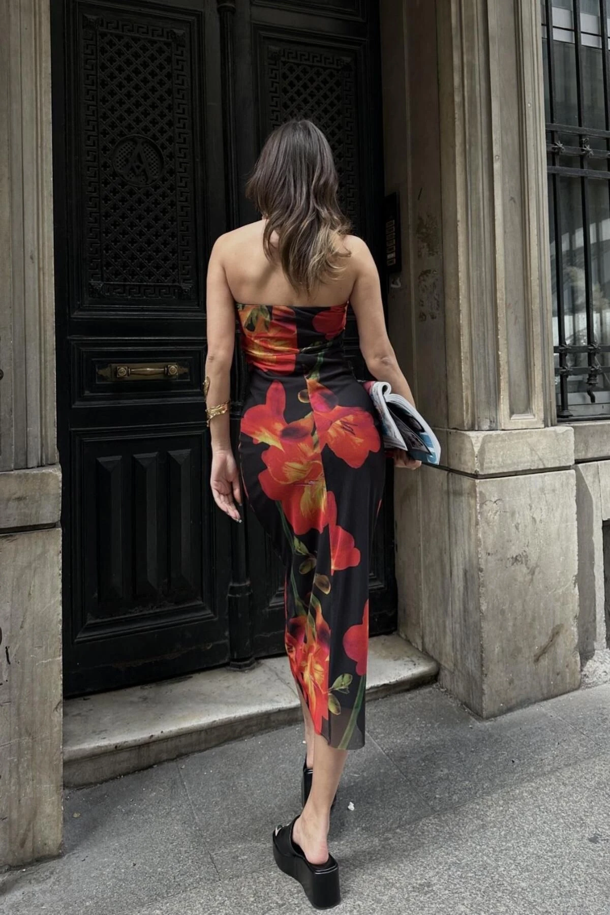 Kadın Multi Desenli Dokuma Midi Straplez Elbise