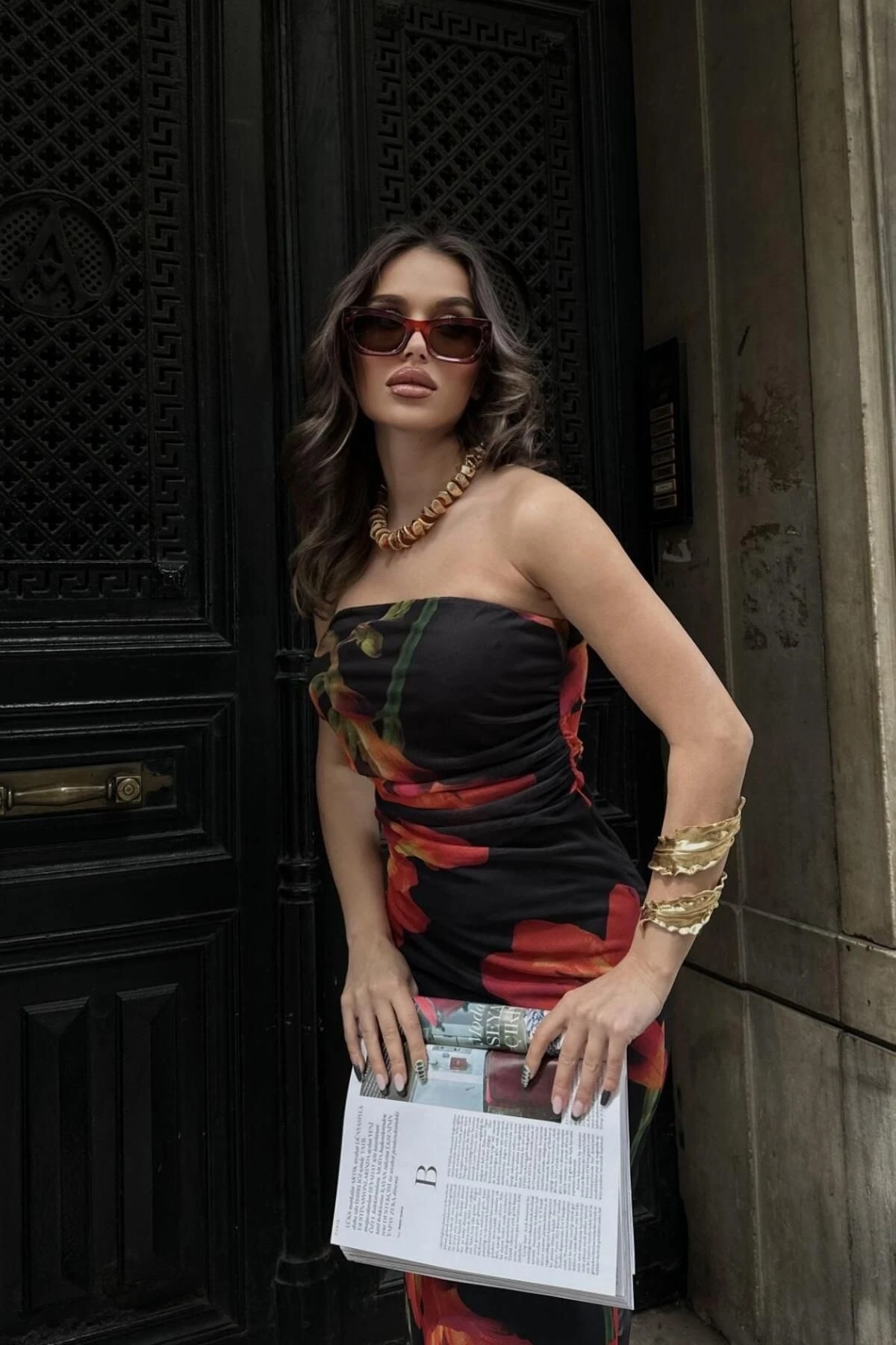 Kadın Multi Desenli Dokuma Midi Straplez Elbise