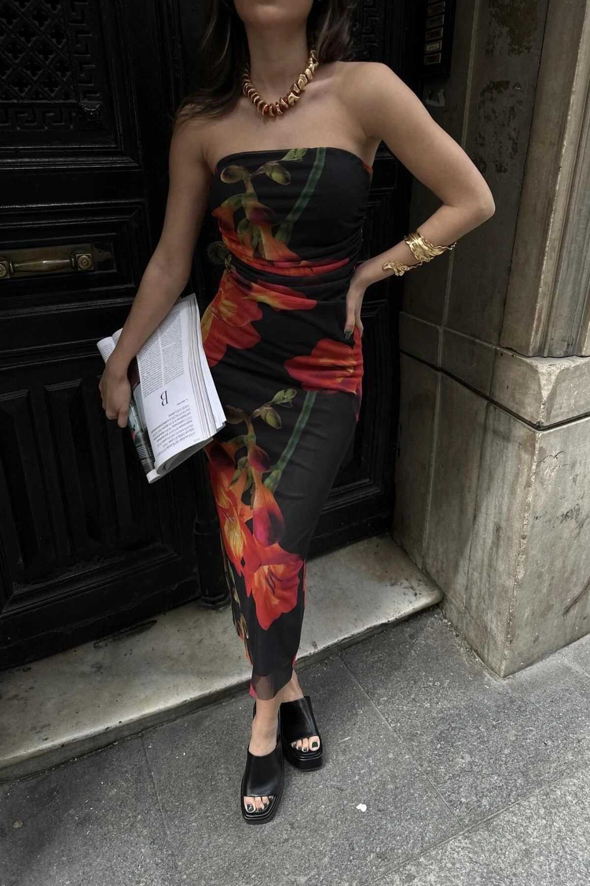 Kadın Multi Desenli Dokuma Midi Straplez Elbise