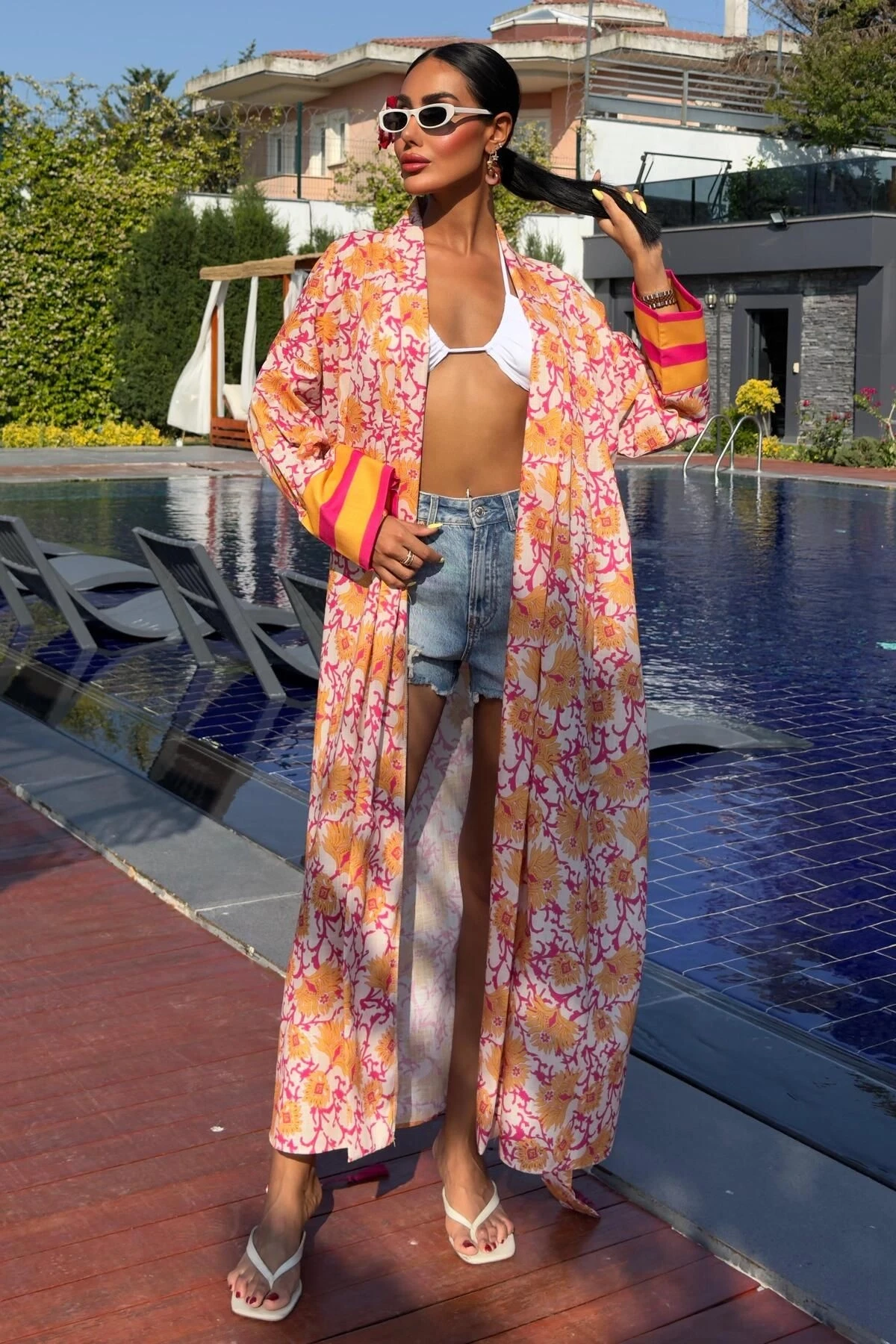 Kadın Multi Desenli Kruvaze Keten Kimono