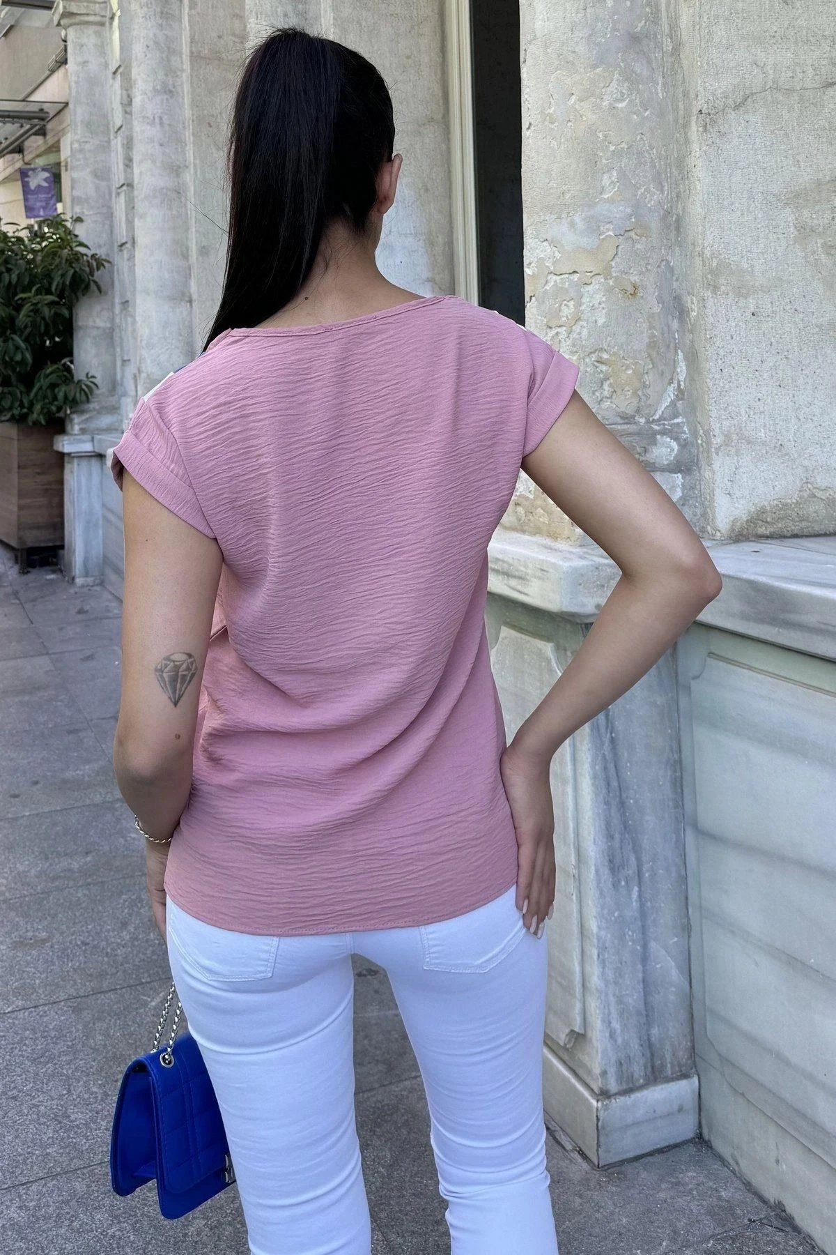 Kadın Pudra V Yaka, Kısa Kol, Color Block Detaylı Salaş Airobin Bluz