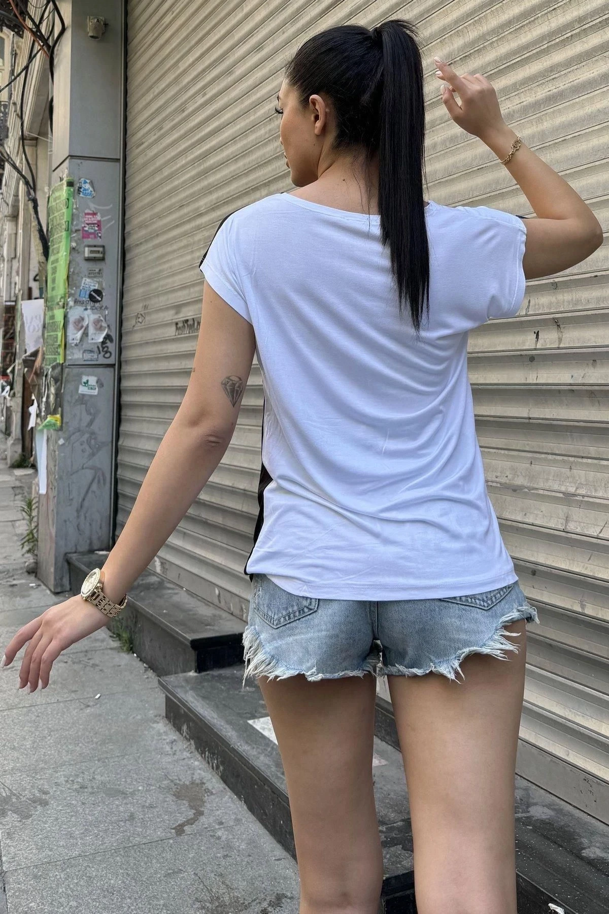 Kadın Sarı & Beyaz Kısa Kol, Color Block Tasarım, Salaş Bluz, Tshirt