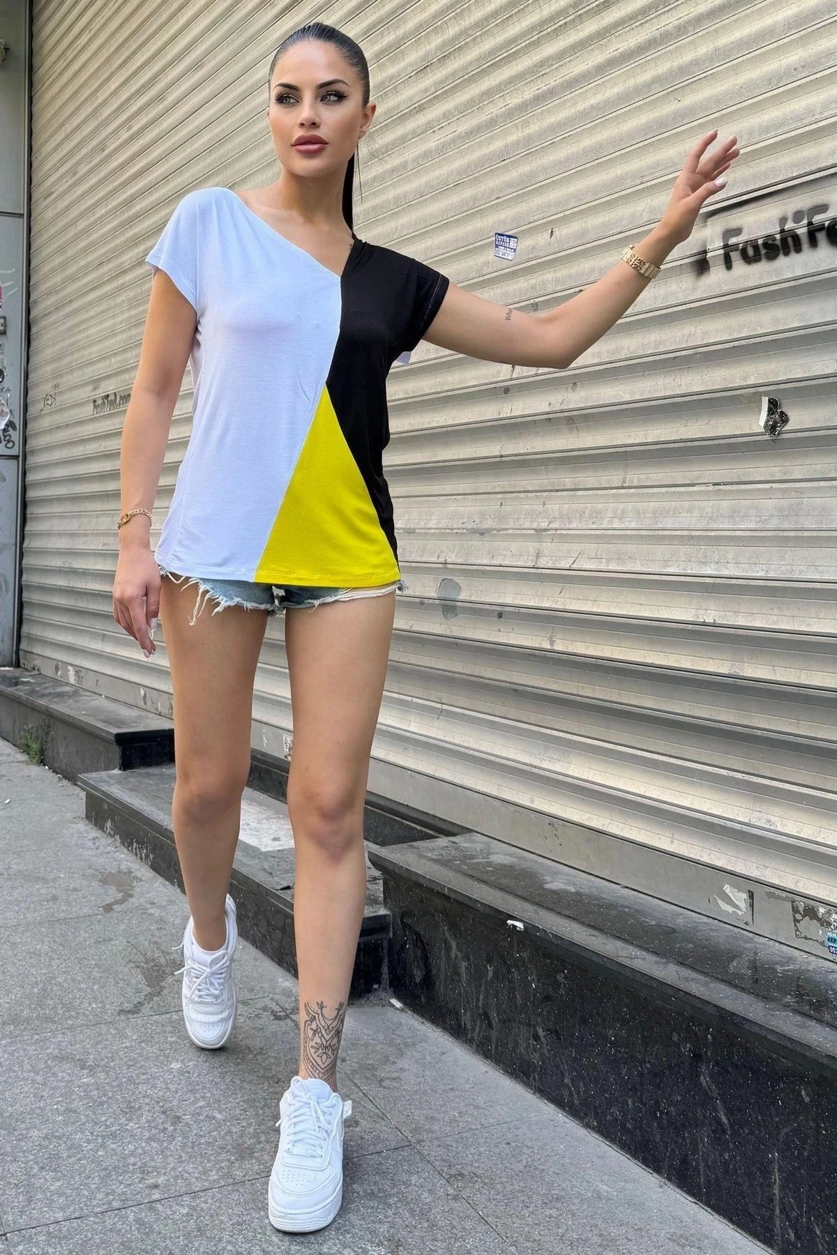 Kadın Sarı & Beyaz Kısa Kol, Color Block Tasarım, Salaş Bluz, Tshirt