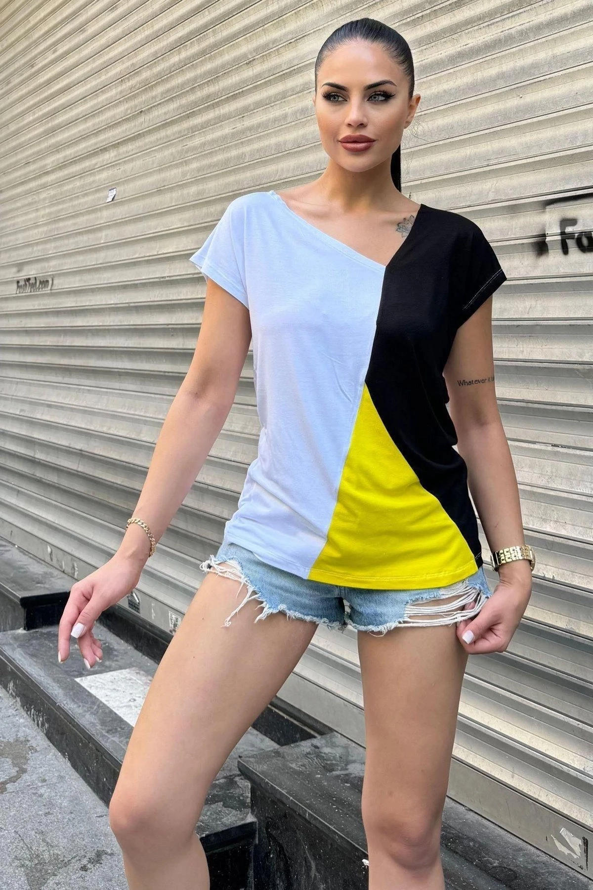Kadın Sarı & Beyaz Kısa Kol, Color Block Tasarım, Salaş Bluz, Tshirt