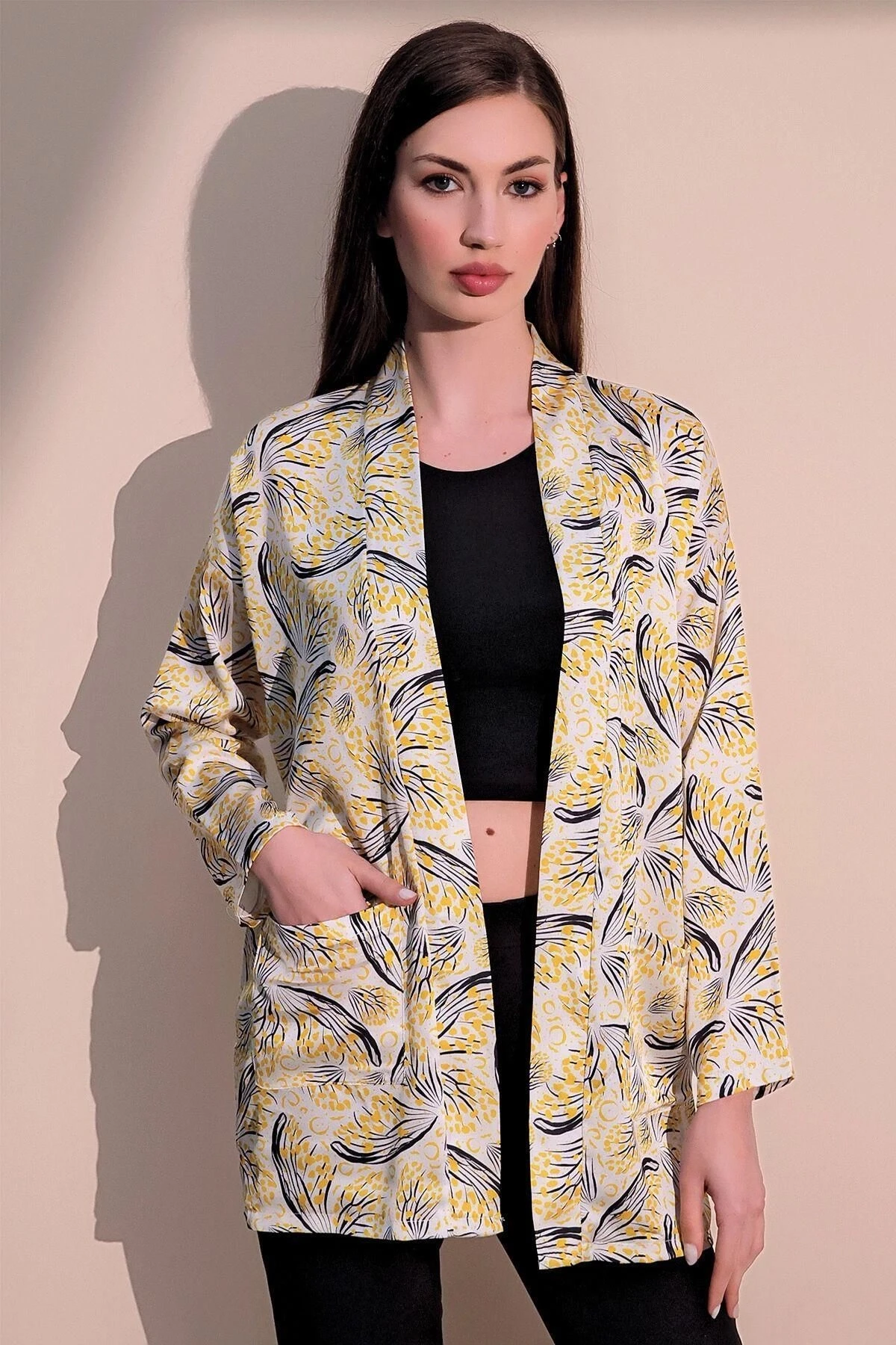 Kadın Sarı Safari Desen Yeni Moda Saten Çift Cepli Salaş Kimono Ceket - Tesettüre Uygun