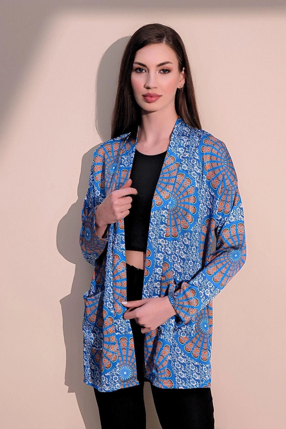 Kadın Sarı Safari Desen Yeni Moda Saten Çift Cepli Salaş Kimono Ceket - Tesettüre Uygun