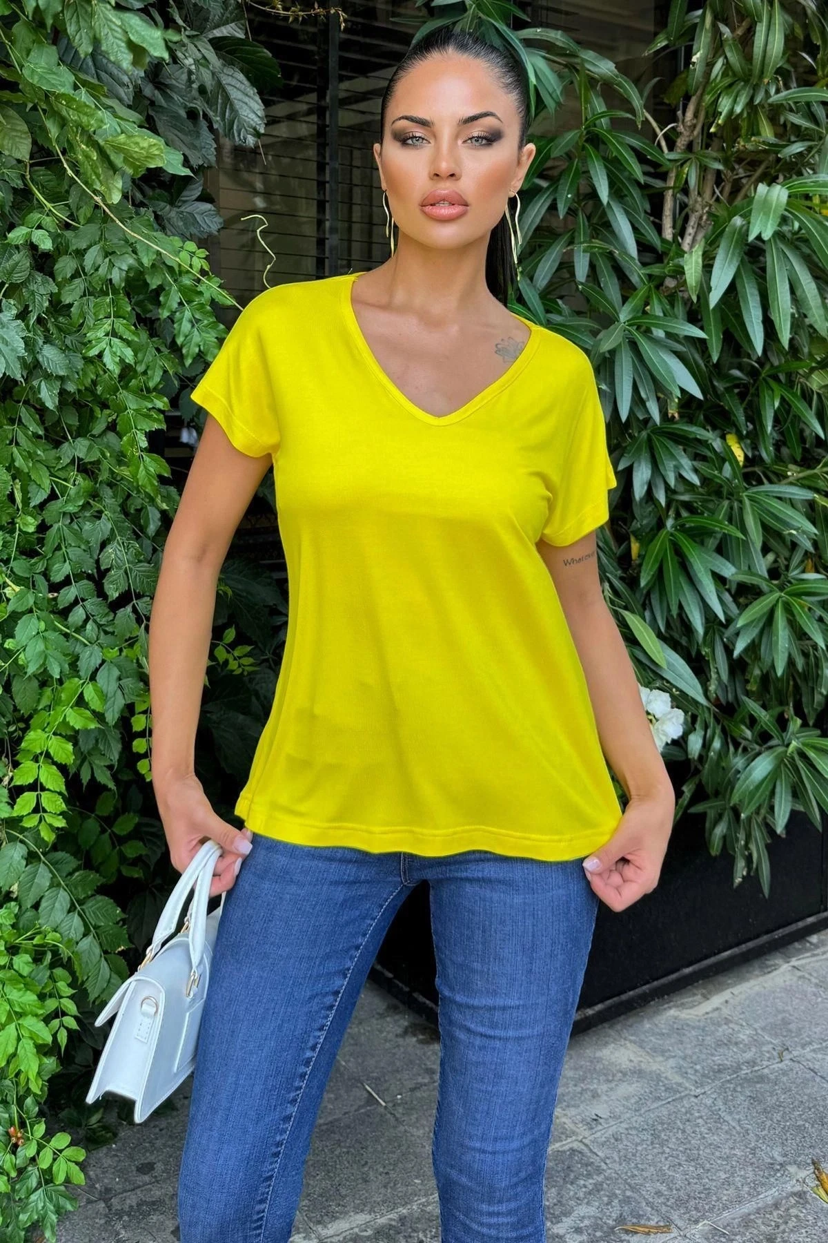 Kadın Sarı V Yaka, Kısa Kol, Basic Model, Salaş Bluz