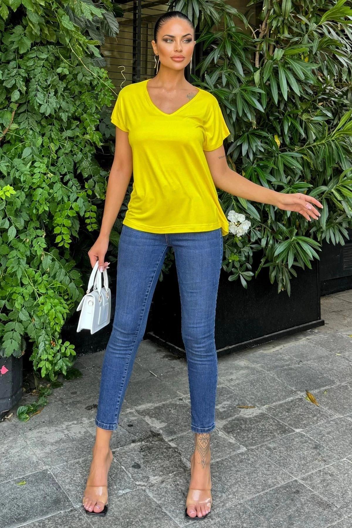 Kadın Sarı V Yaka, Kısa Kol, Basic Model, Salaş Bluz