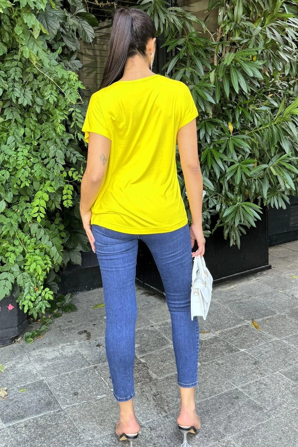 Kadın Sarı V Yaka, Kısa Kol, Basic Model, Salaş Bluz