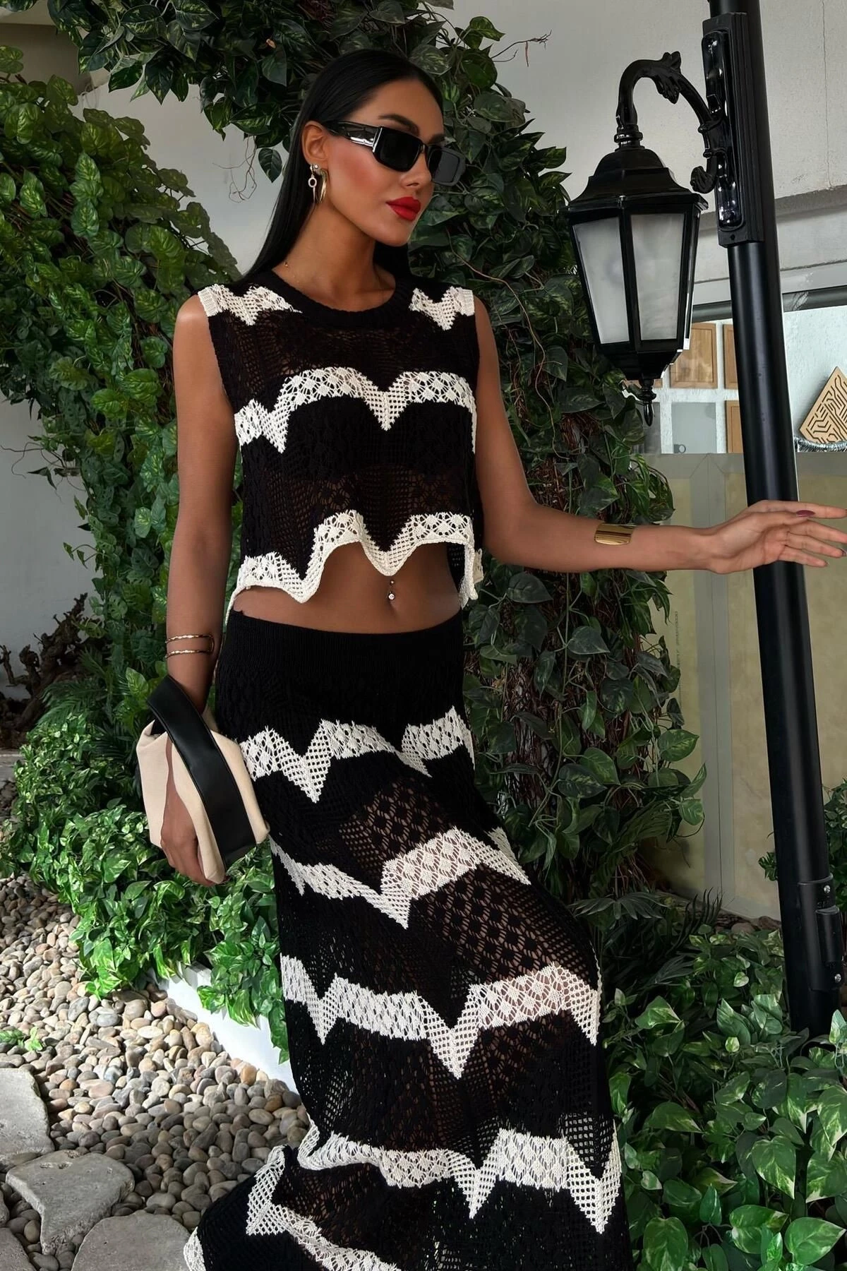 Kadın Siyah Akrilik Uzun Kolsuz Triko Takım