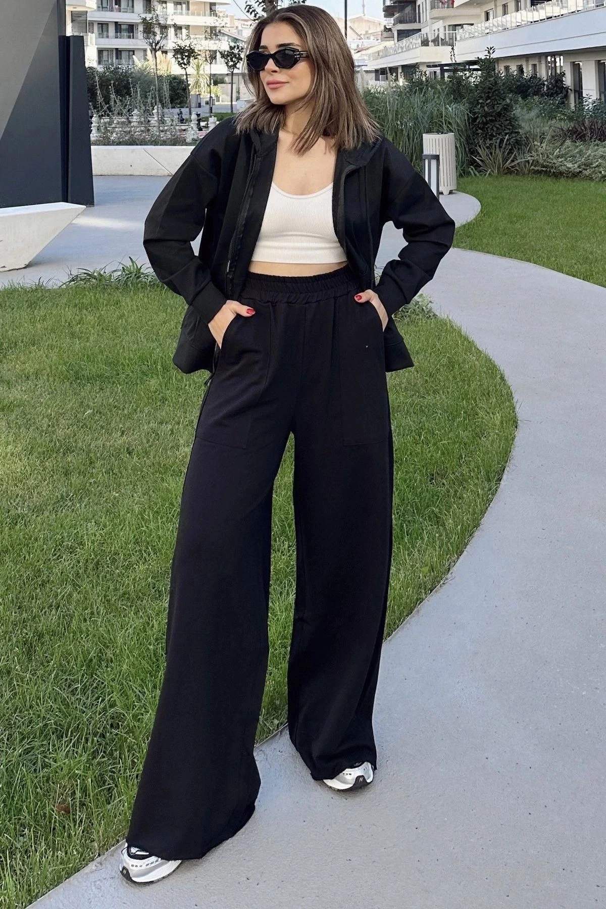 Kadın Siyah Beli Lastikli, Cepli, Bol Paça, Salaş Pantolon