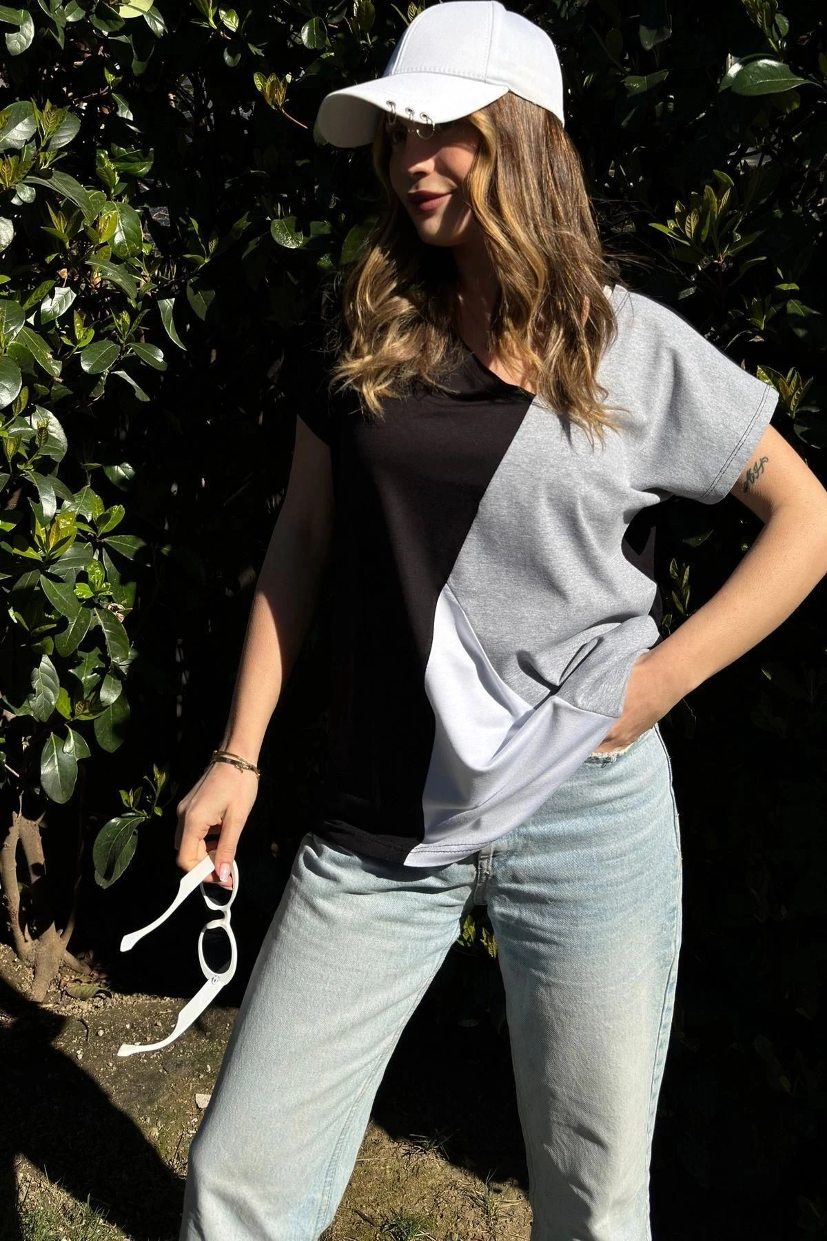 Kadın Siyah, Beyaz & Gri Kısa Kol, Color Block Tasarım, Salaş Bluz