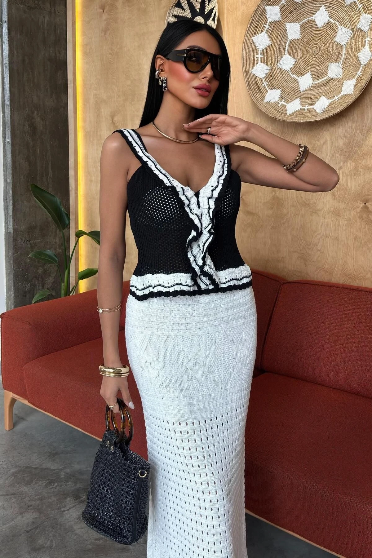 Kadın Siyah Desenli Uzun Örme Kolsuz Takım