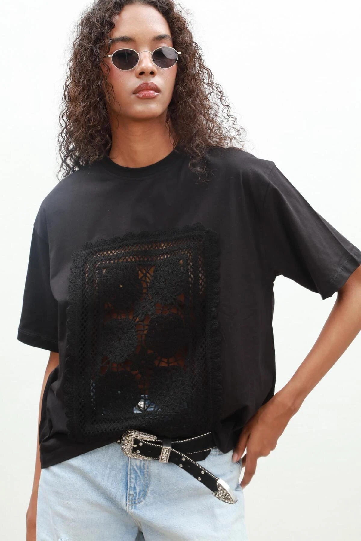 Kadın Siyah Dokuma Oversize Kısa Kollu Tişört