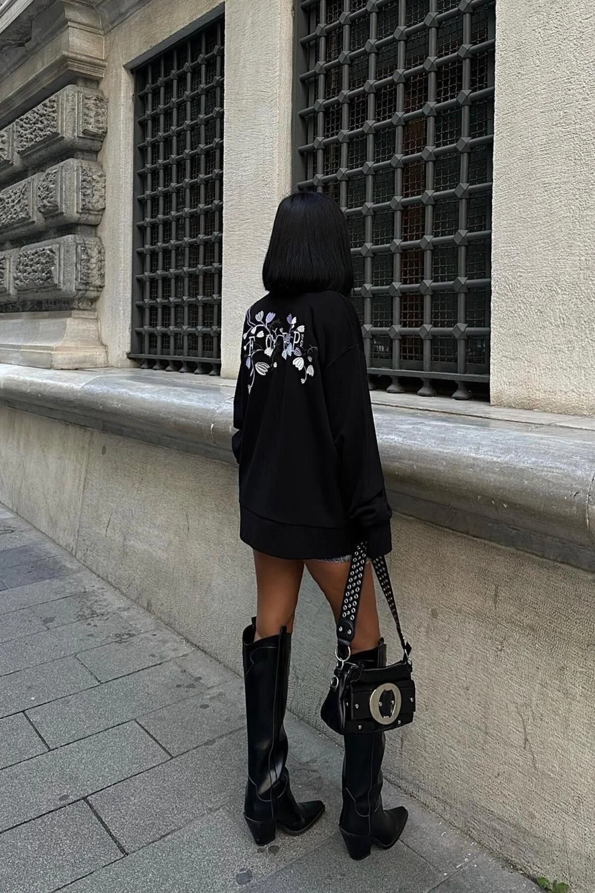 Kadın Siyah Dokuma Oversize Uzun Kollu Sweatshirt