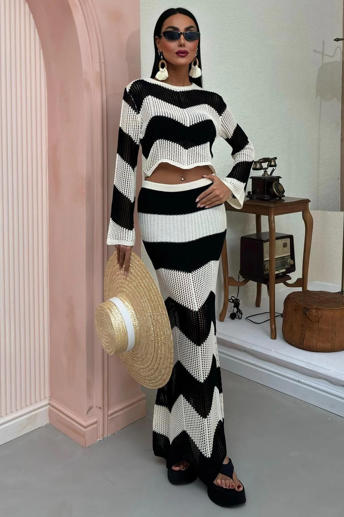 Kadın Siyah Ekru Triko Uzun İspanyol Kollu Takım