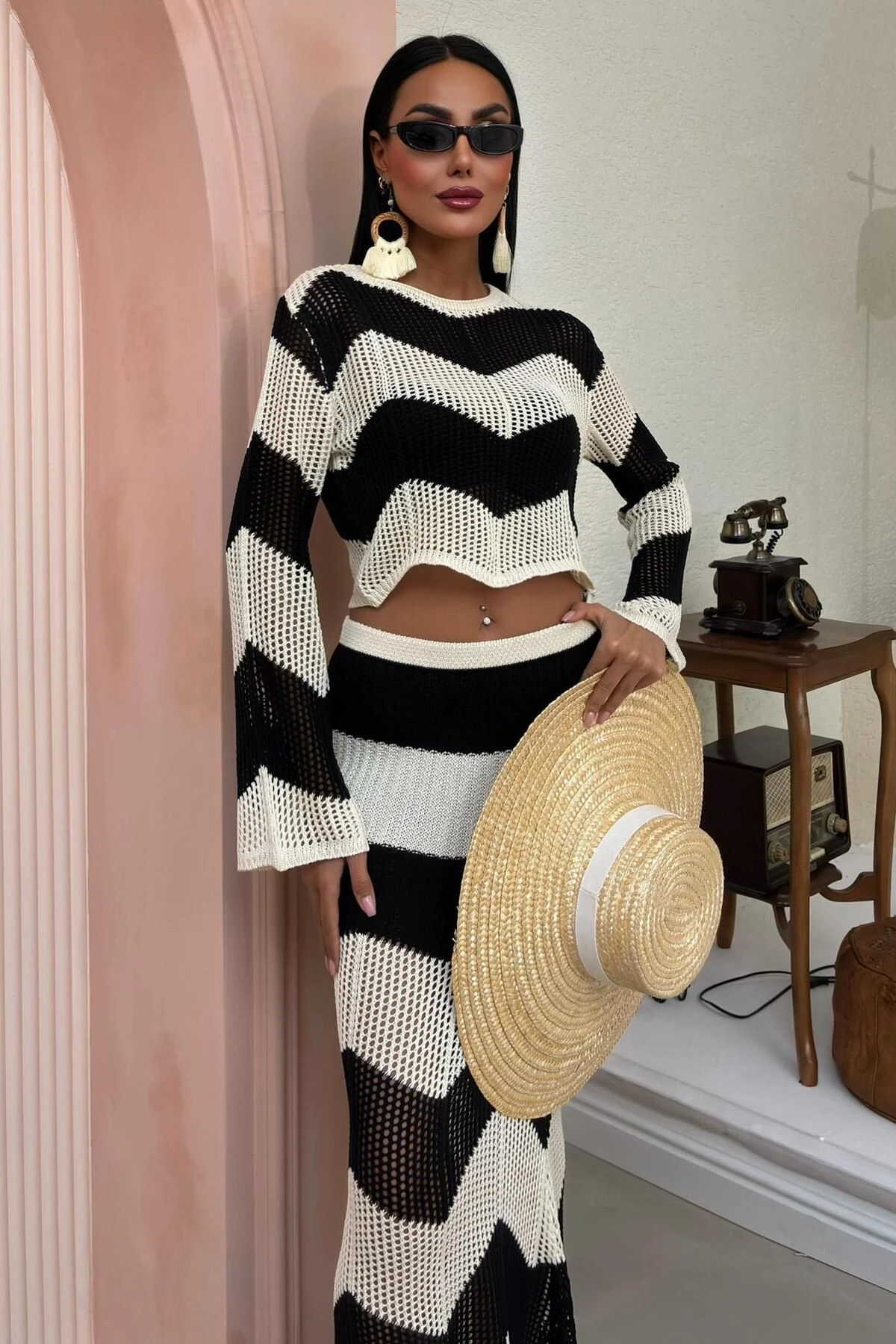 Kadın Siyah Ekru Triko Uzun İspanyol Kollu Takım