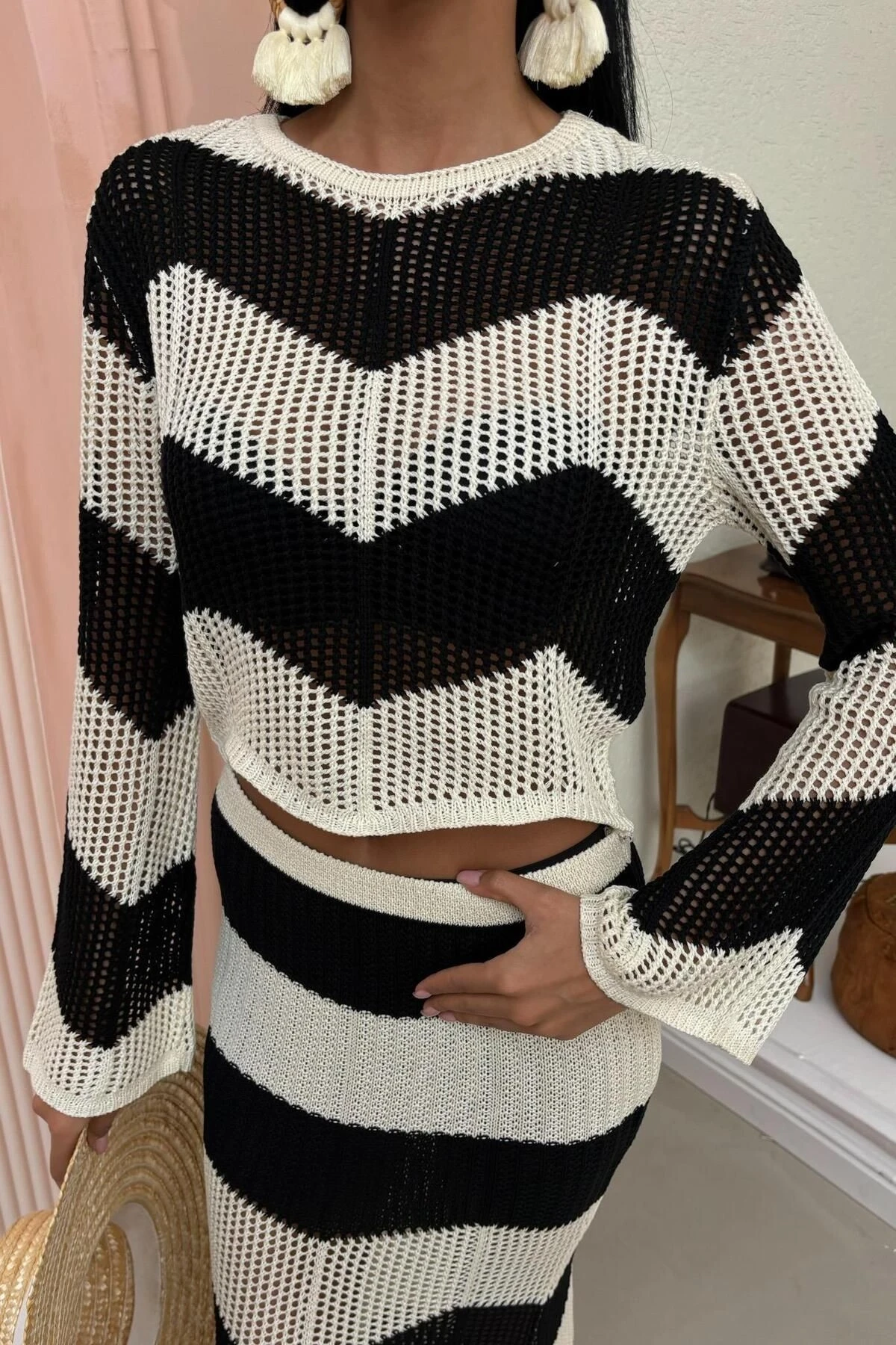 Kadın Siyah Ekru Triko Uzun İspanyol Kollu Takım