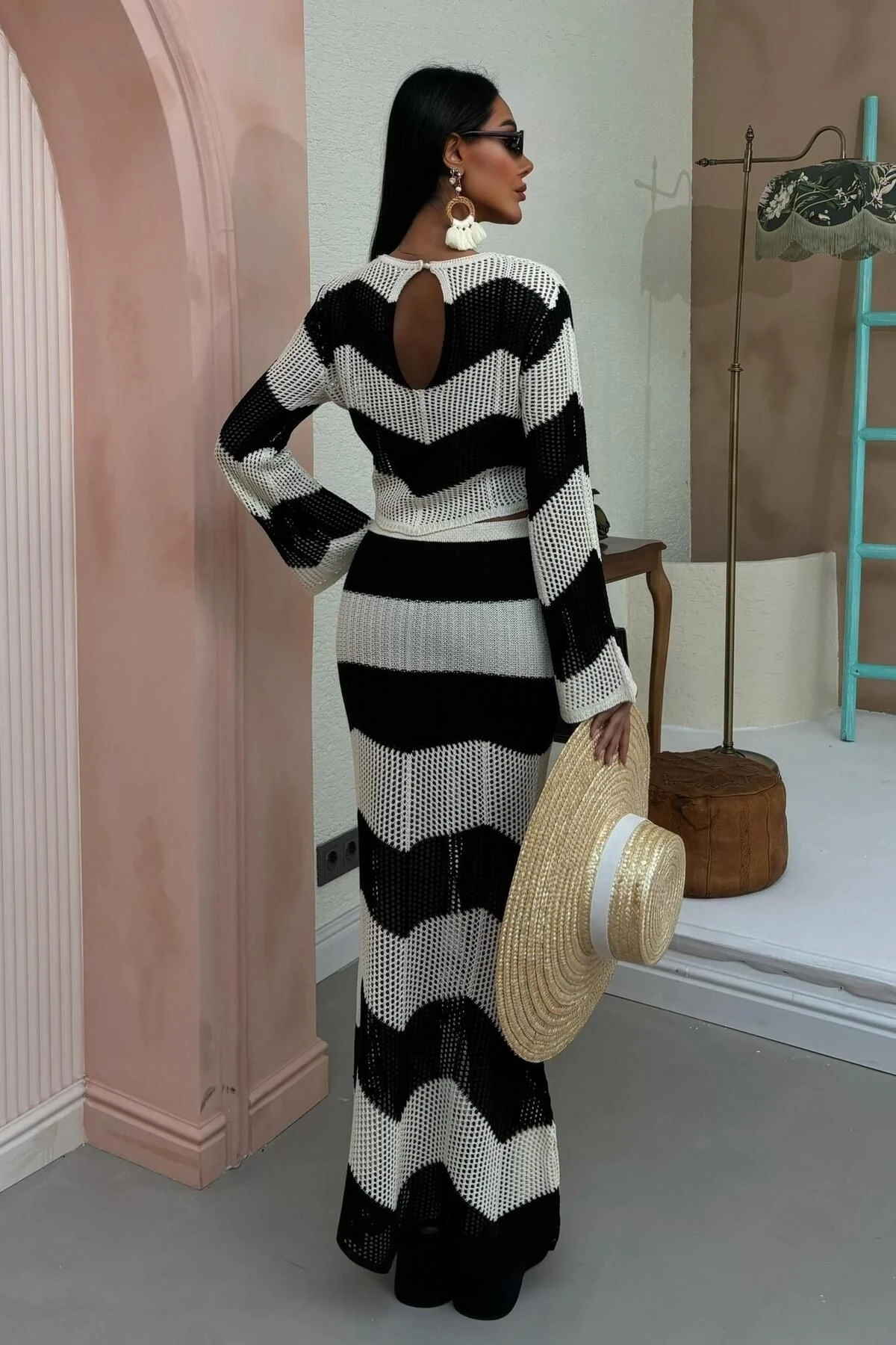 Kadın Siyah Ekru Triko Uzun İspanyol Kollu Takım