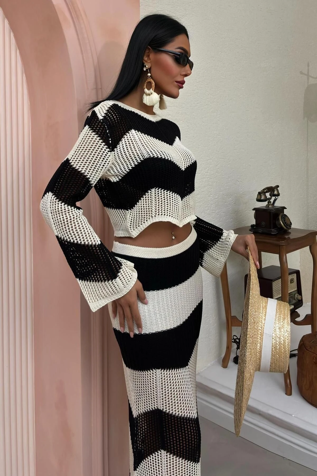 Kadın Siyah Ekru Triko Uzun İspanyol Kollu Takım