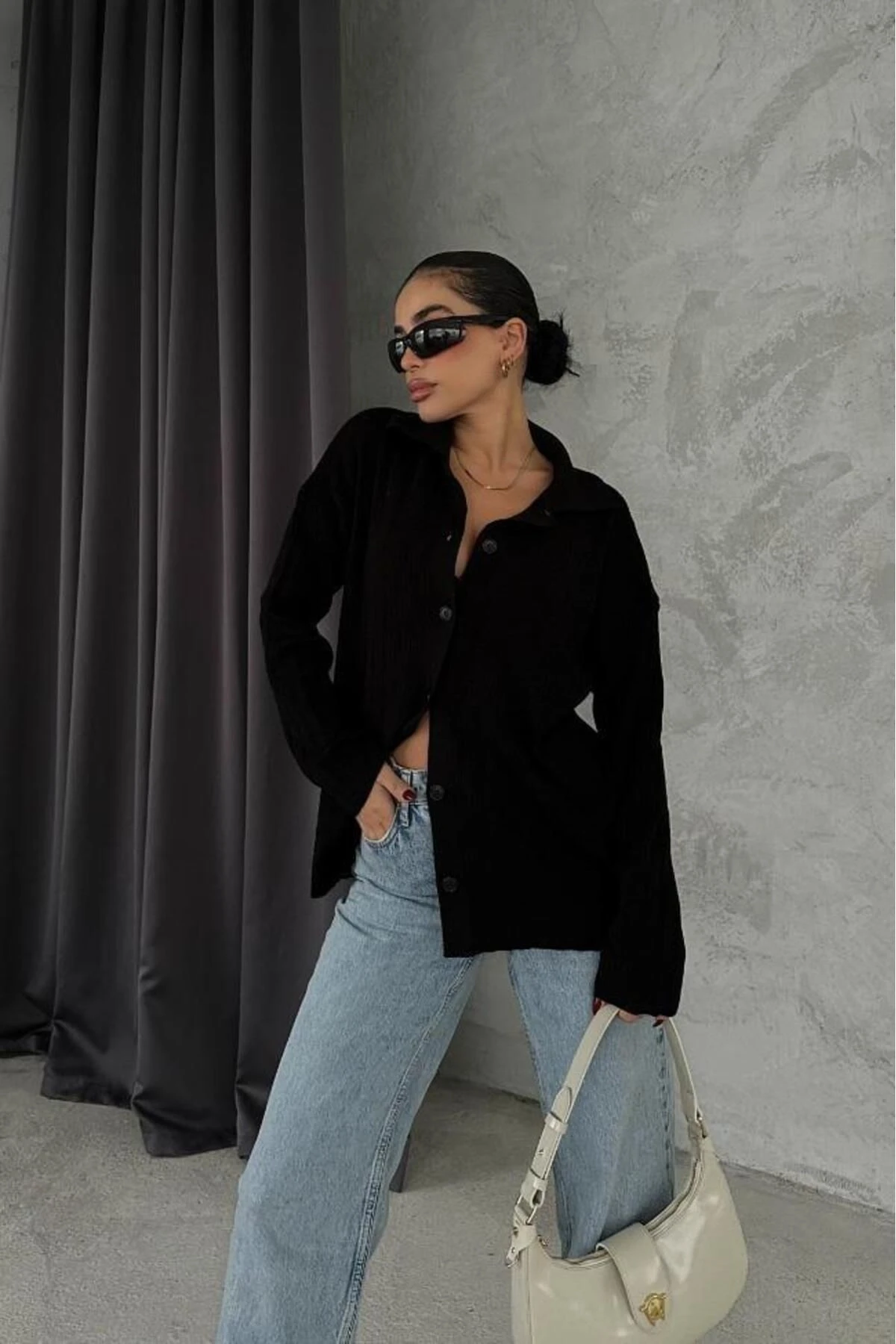 Kadın Siyah Gabardin Pamuklu Kısa Ceket