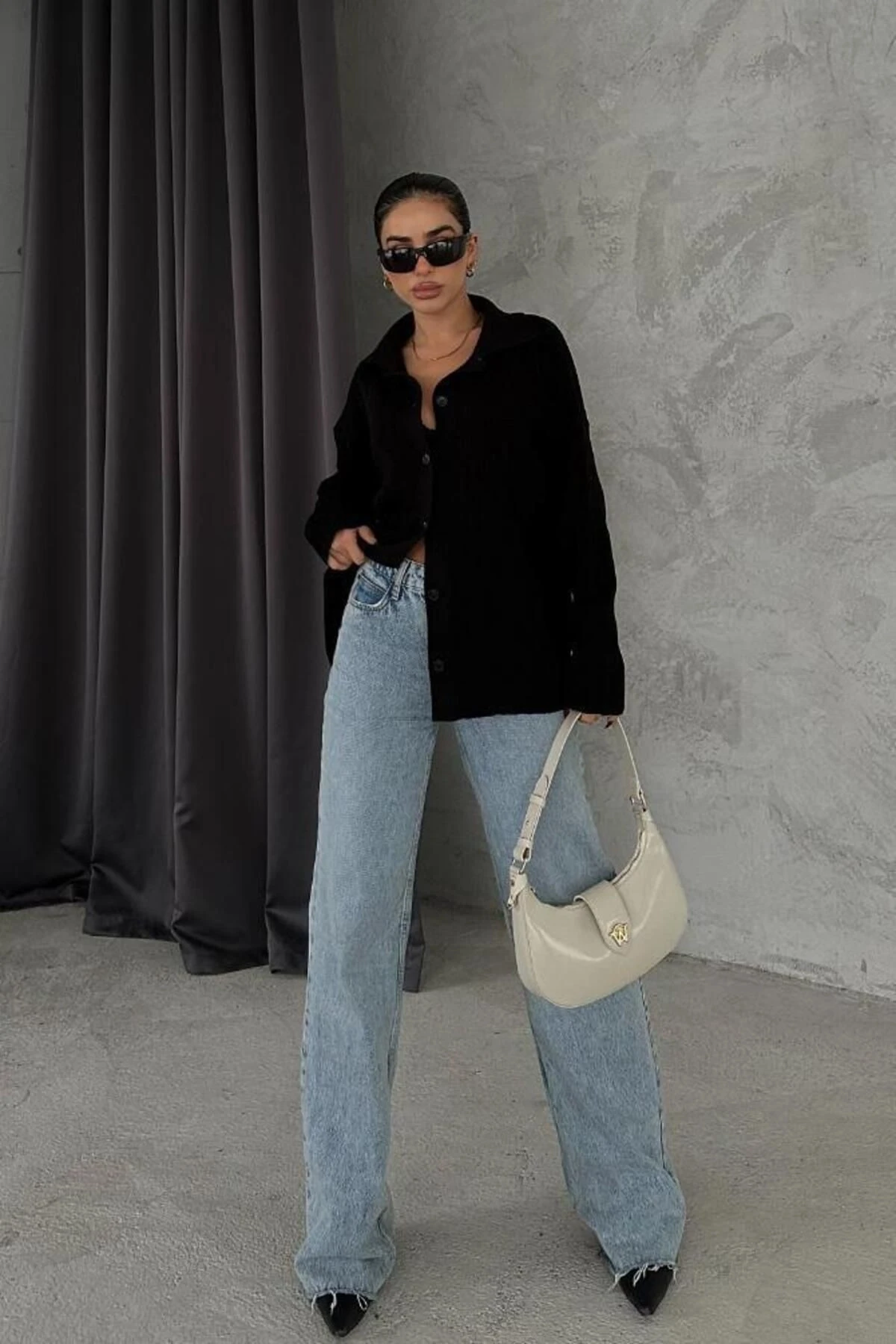 Kadın Siyah Gabardin Pamuklu Kısa Ceket