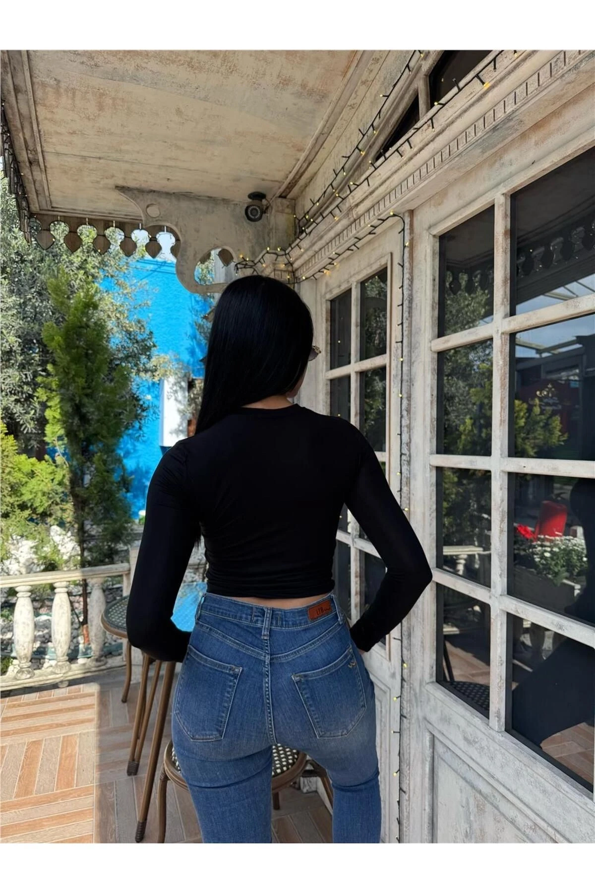 Kadın Siyah Kayık Yaka Uzun Kollu Viskon Badi Tişört