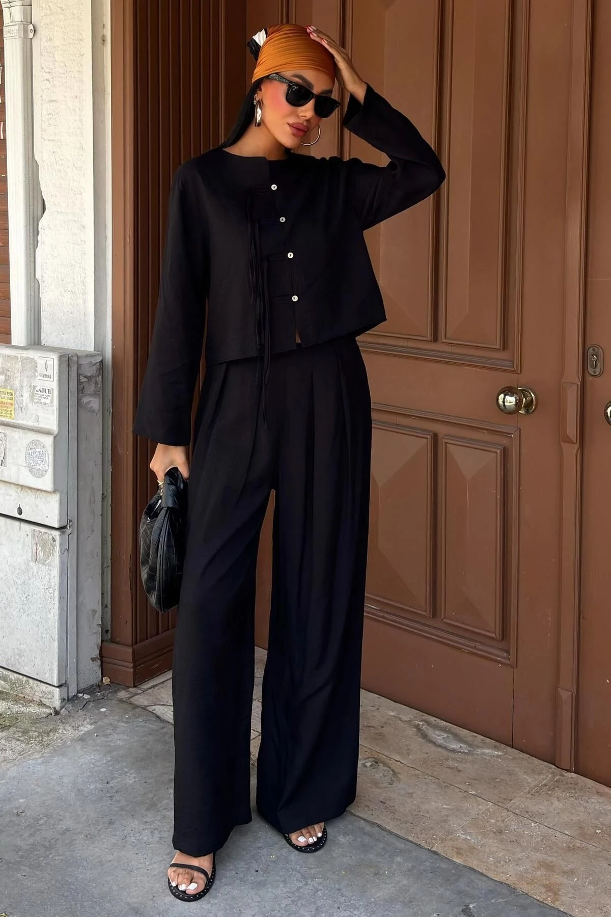 Kadın Siyah Keten Oversize İkili Takım