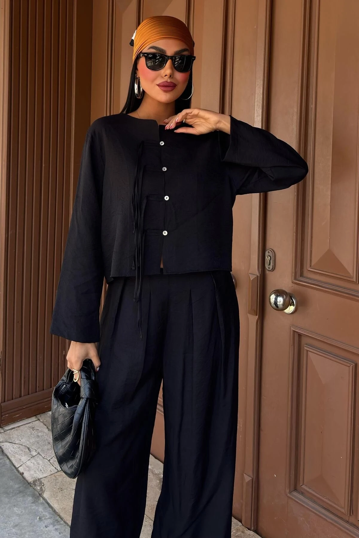 Kadın Siyah Keten Oversize İkili Takım