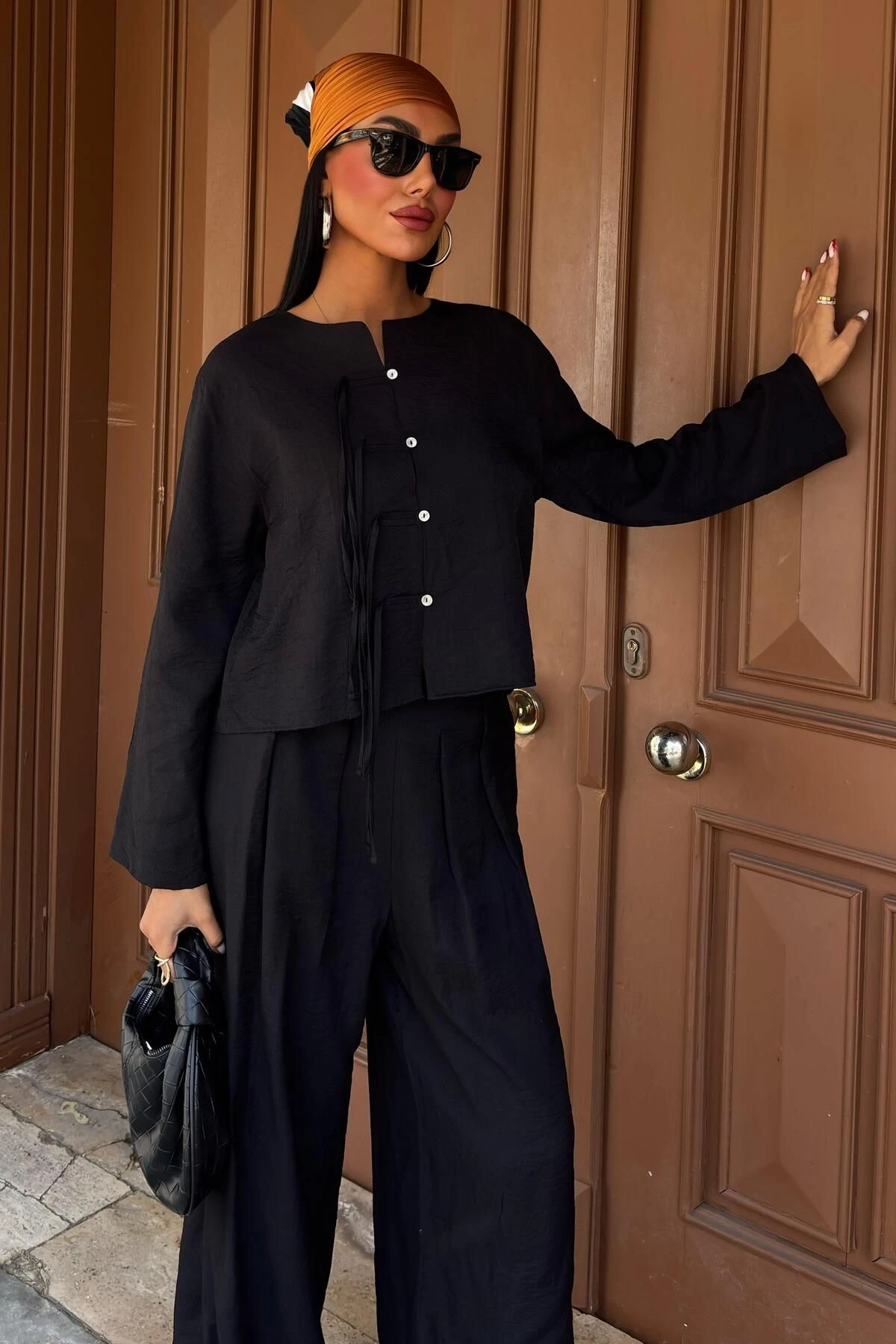 Kadın Siyah Keten Oversize İkili Takım
