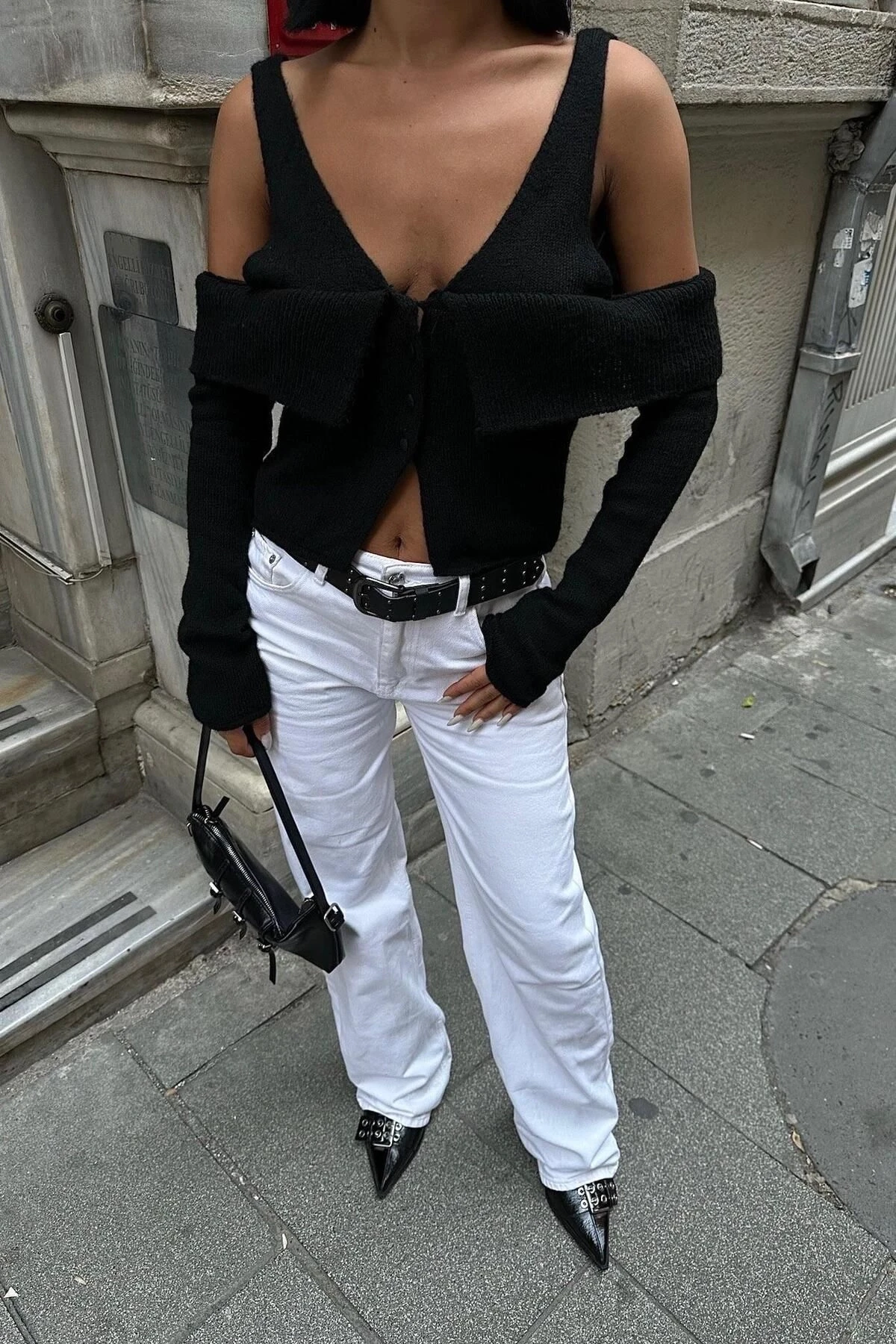 Kadın Siyah Kruvaze Triko Kısa Hırka