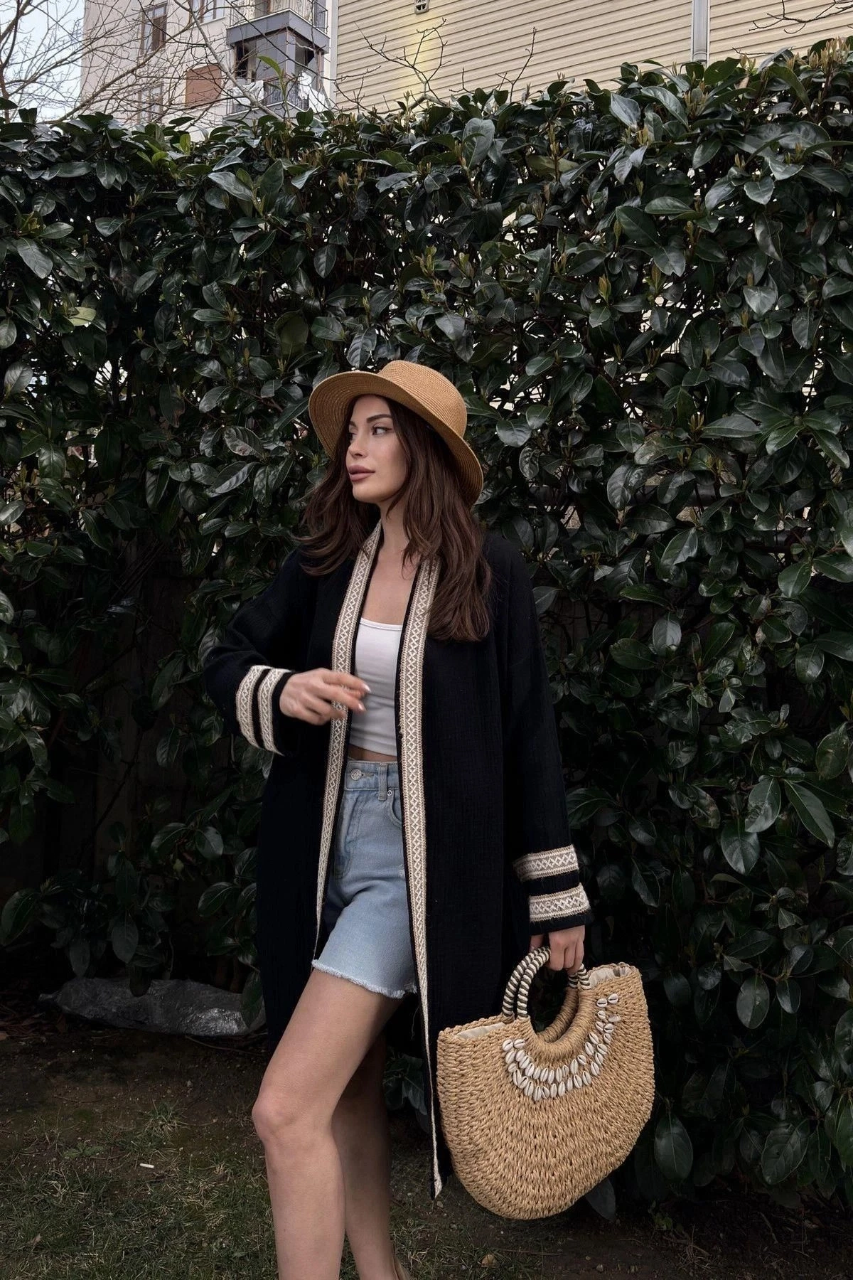 Kadın Siyah Müslin Kumaş, Hasır Şerit Detaylı Salaş Kimono Ceket