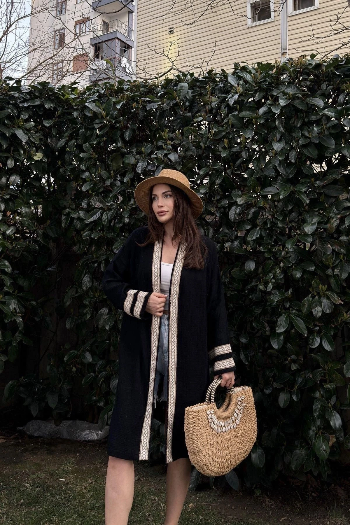 Kadın Siyah Müslin Kumaş, Hasır Şerit Detaylı Salaş Kimono Ceket