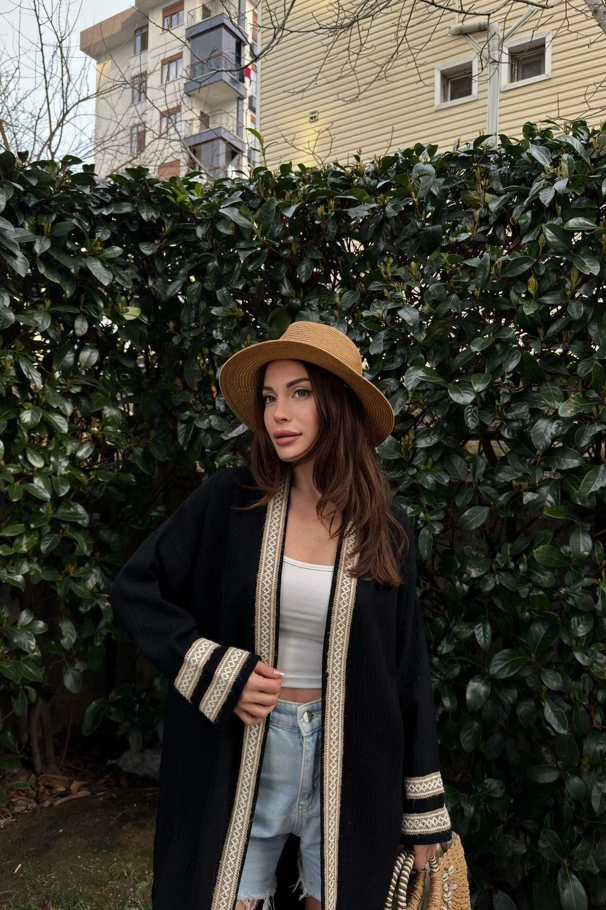 Kadın Siyah Müslin Kumaş, Hasır Şerit Detaylı Salaş Kimono Ceket