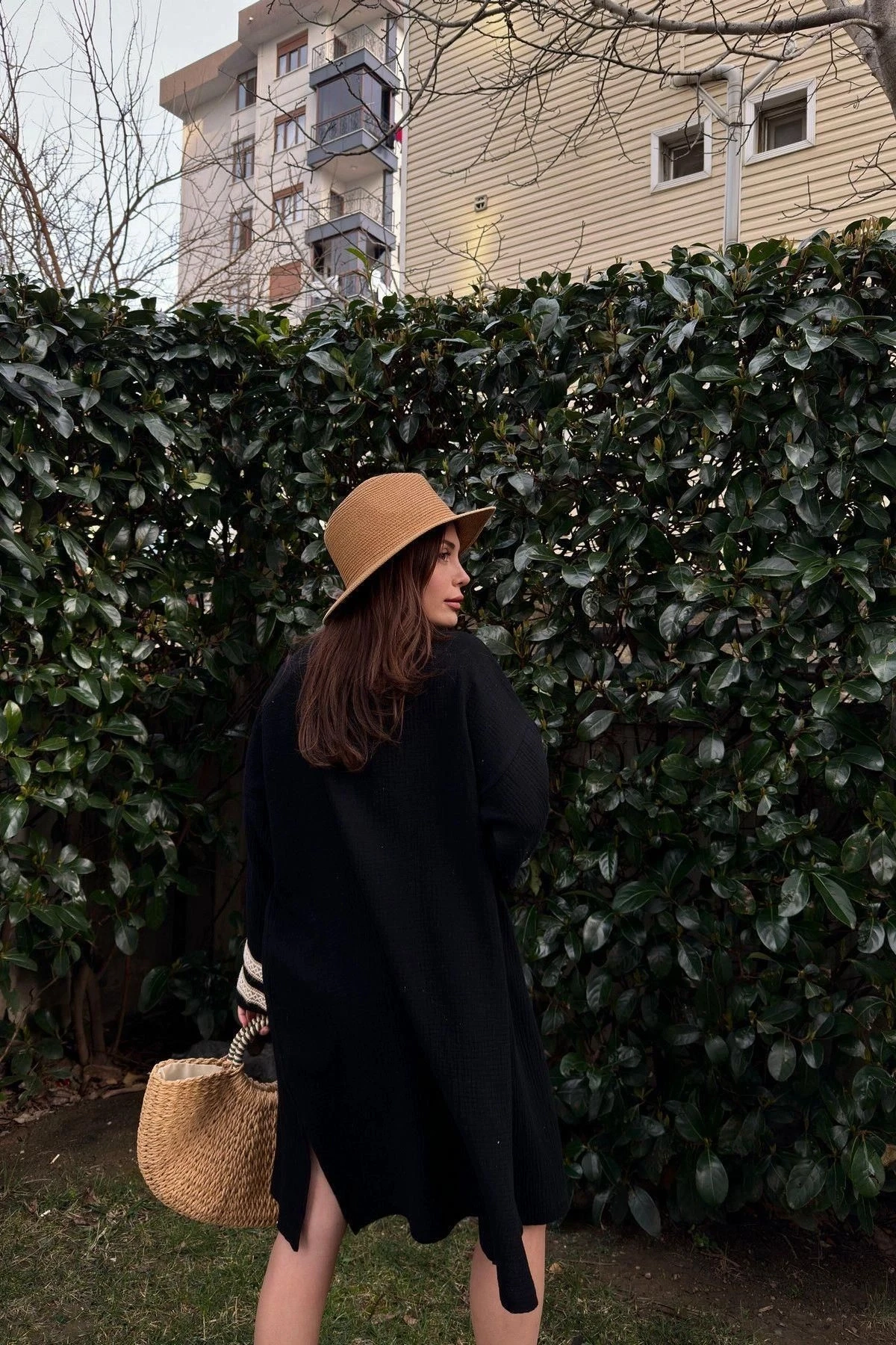 Kadın Siyah Müslin Kumaş, Hasır Şerit Detaylı Salaş Kimono Ceket