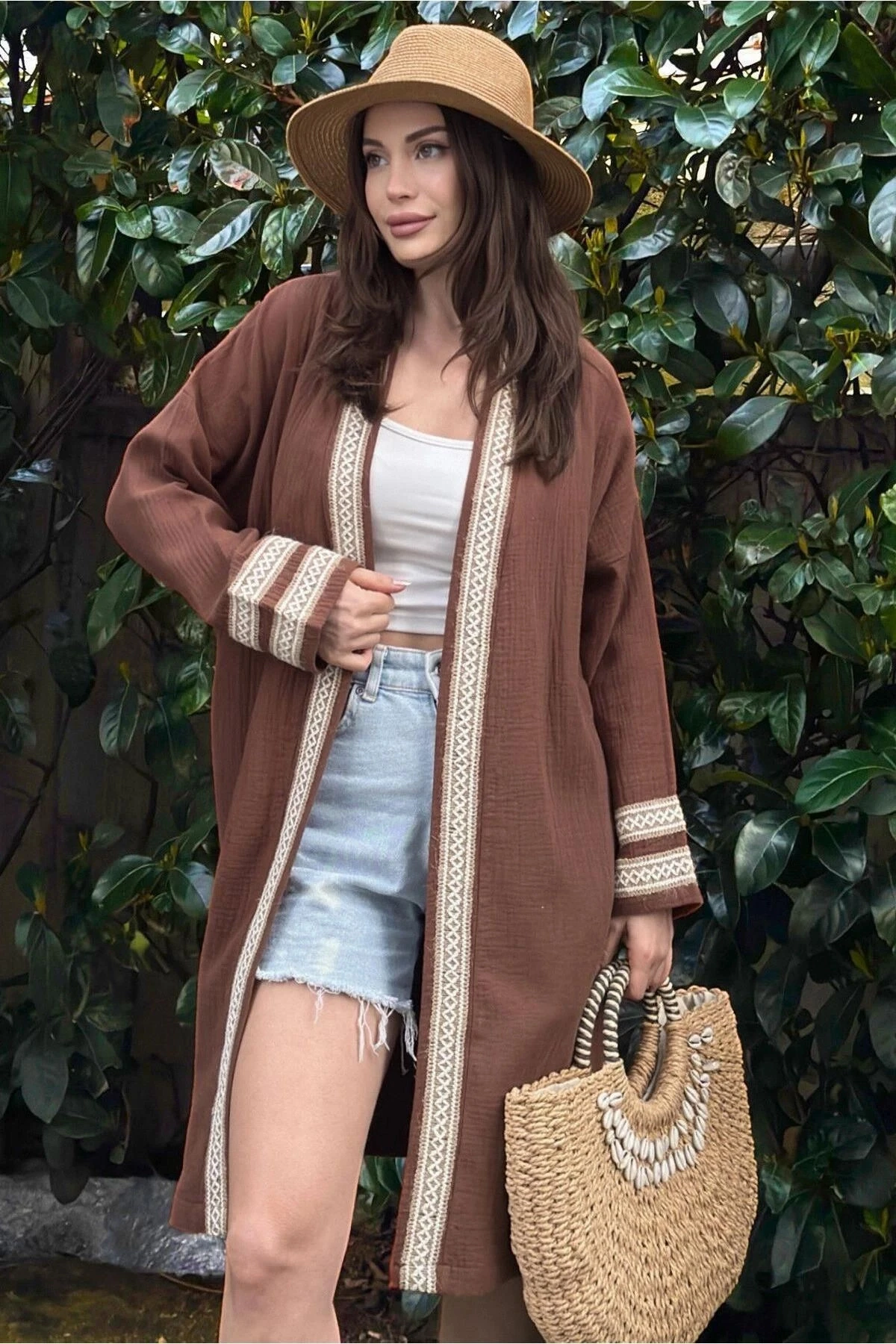 Kadın Siyah Müslin Kumaş, Hasır Şerit Detaylı Salaş Kimono Ceket