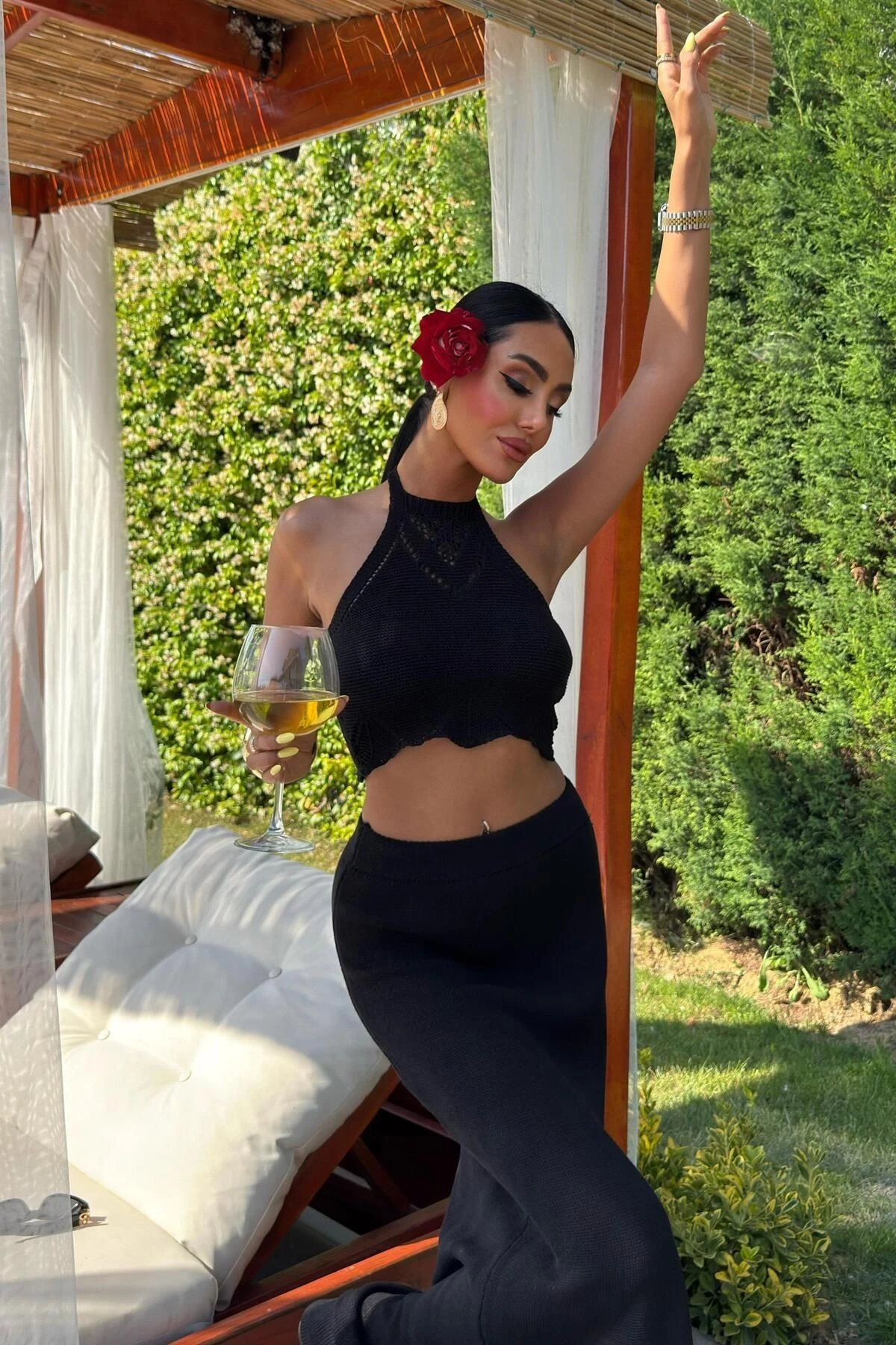 Kadın Siyah Pamuk Triko Kolsuz Crop Takım