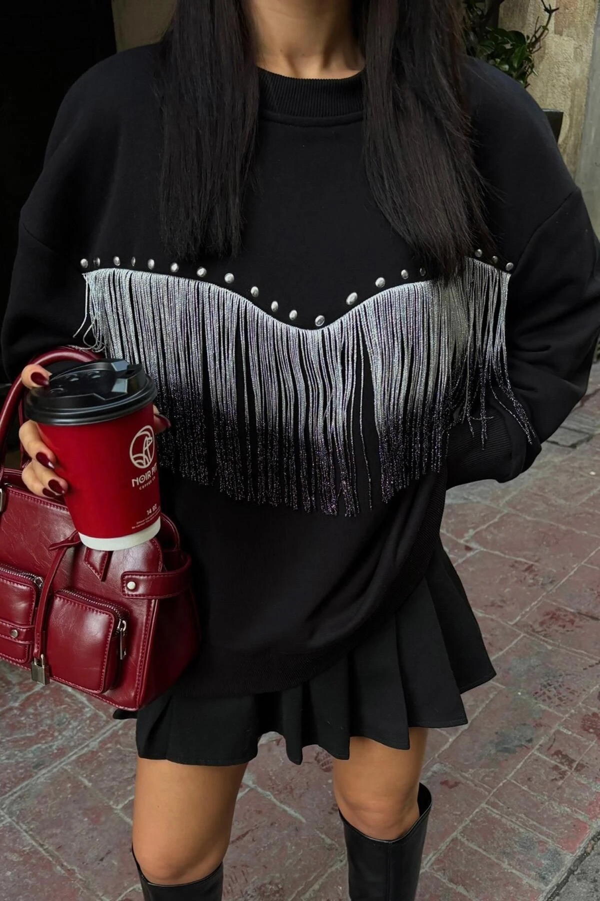 Kadın Siyah Pamuk Uzun Kol Sweatshirt