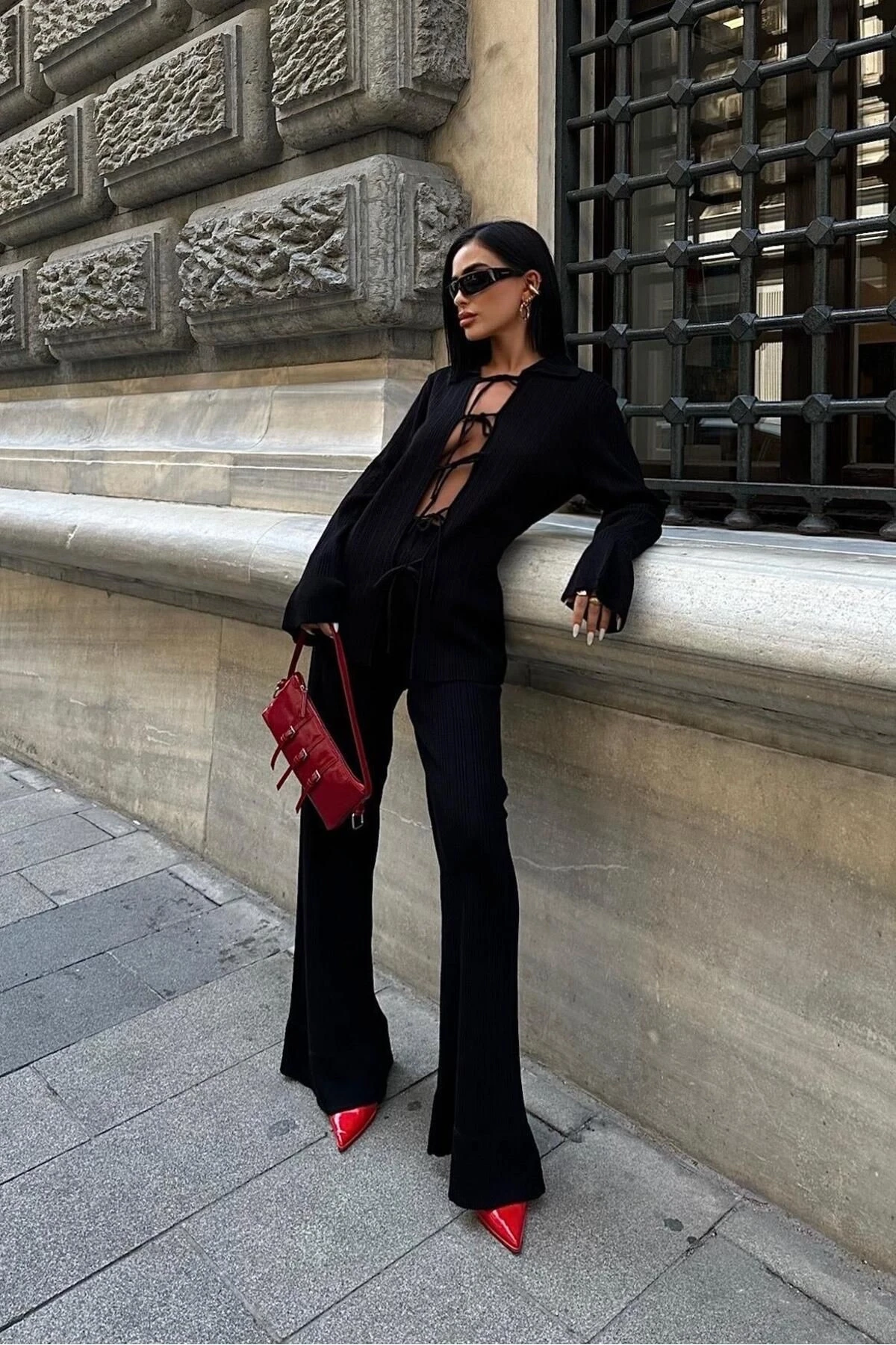 Kadın Siyah Polo Yaka Uzun Triko Takım