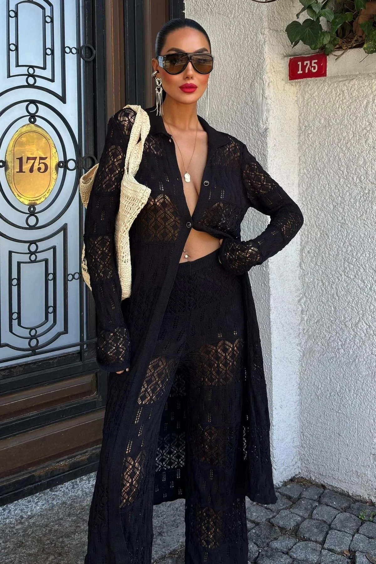 Kadın Siyah Viskon Dokuma Uzun Hırka Takım