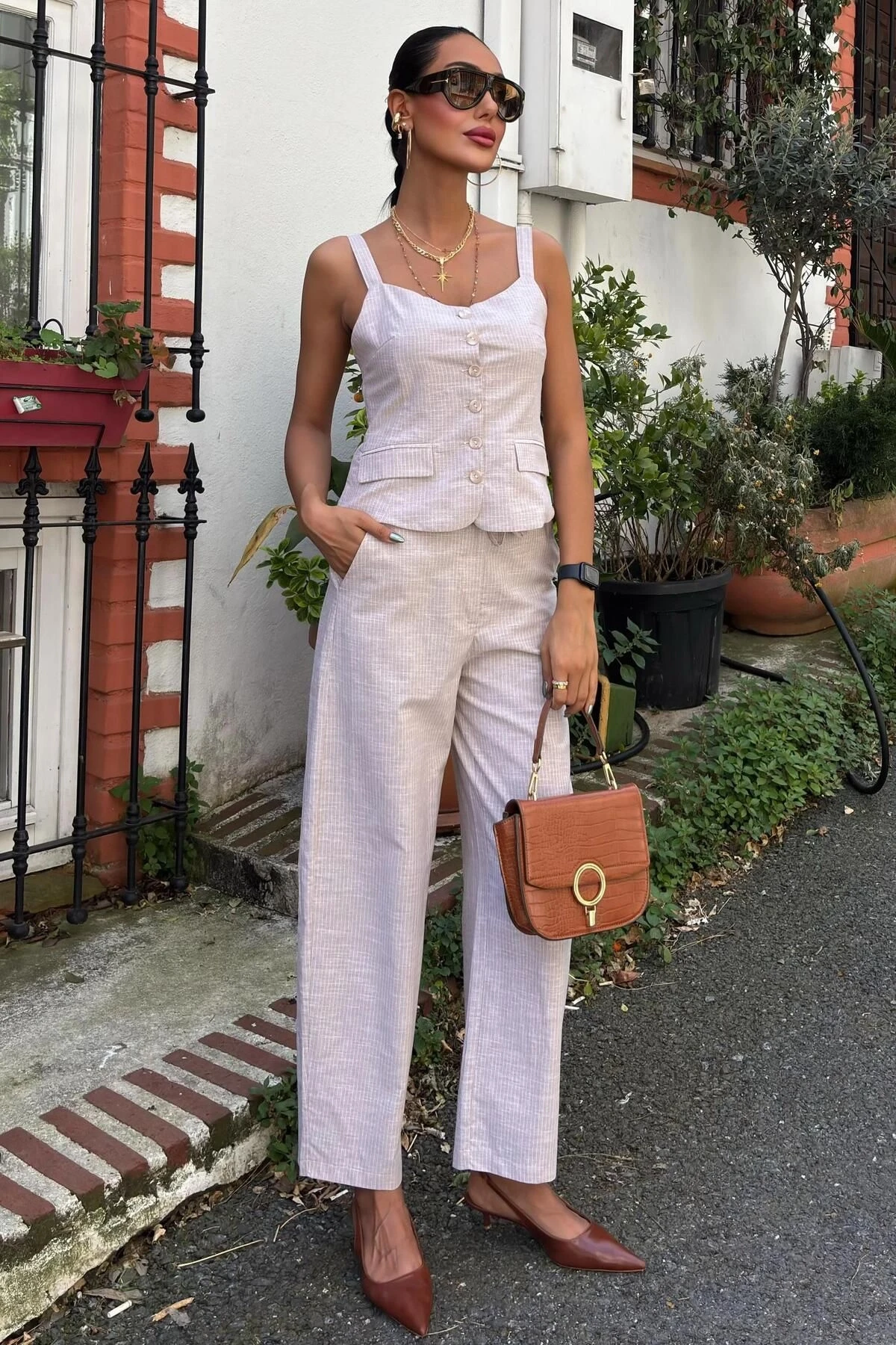 Kadın Taş Keten Uzun V Yaka Kolsuz Takım